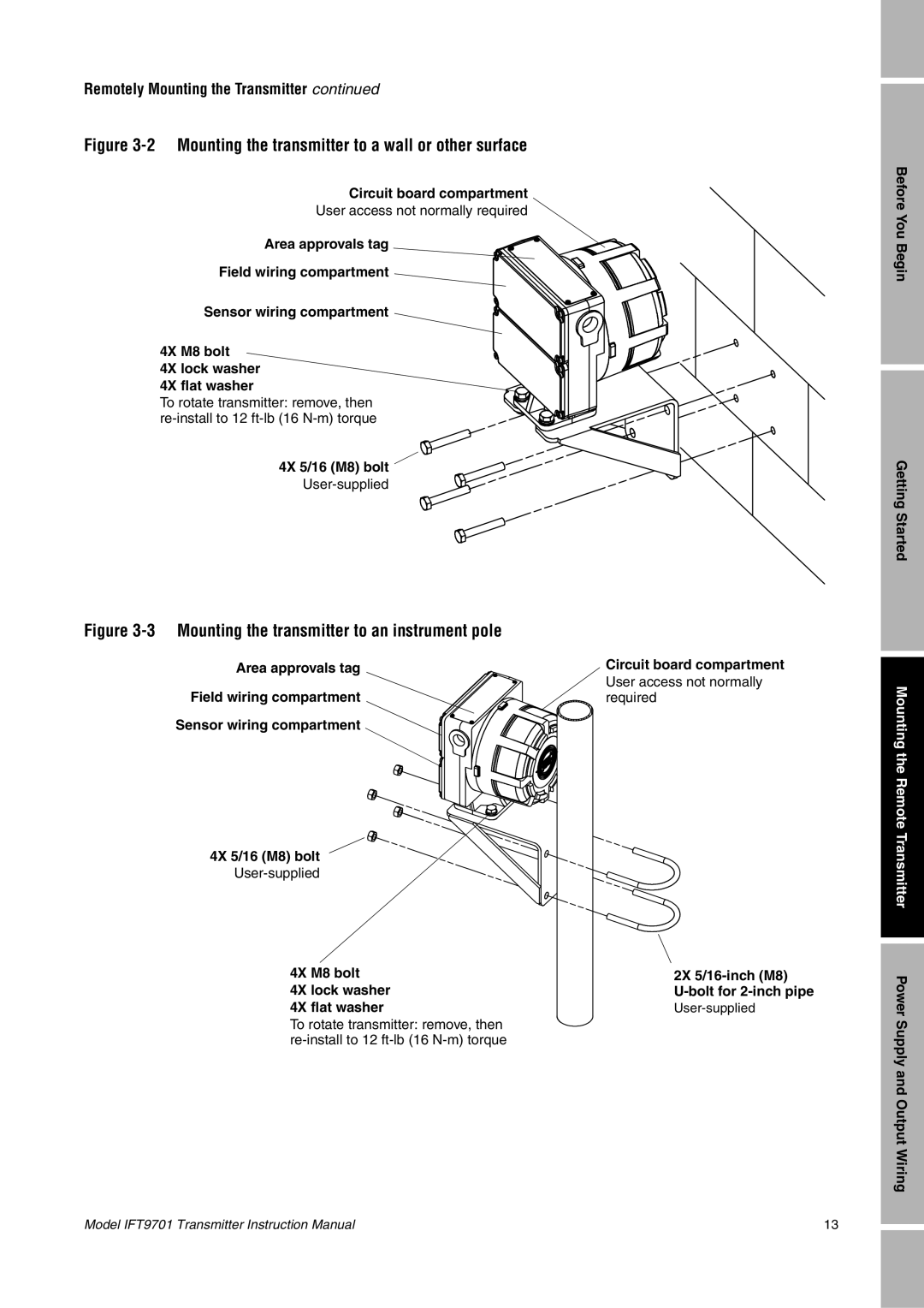 Emerson IFT9701 instruction manual Mounting the transmitter to a wall or other surface 