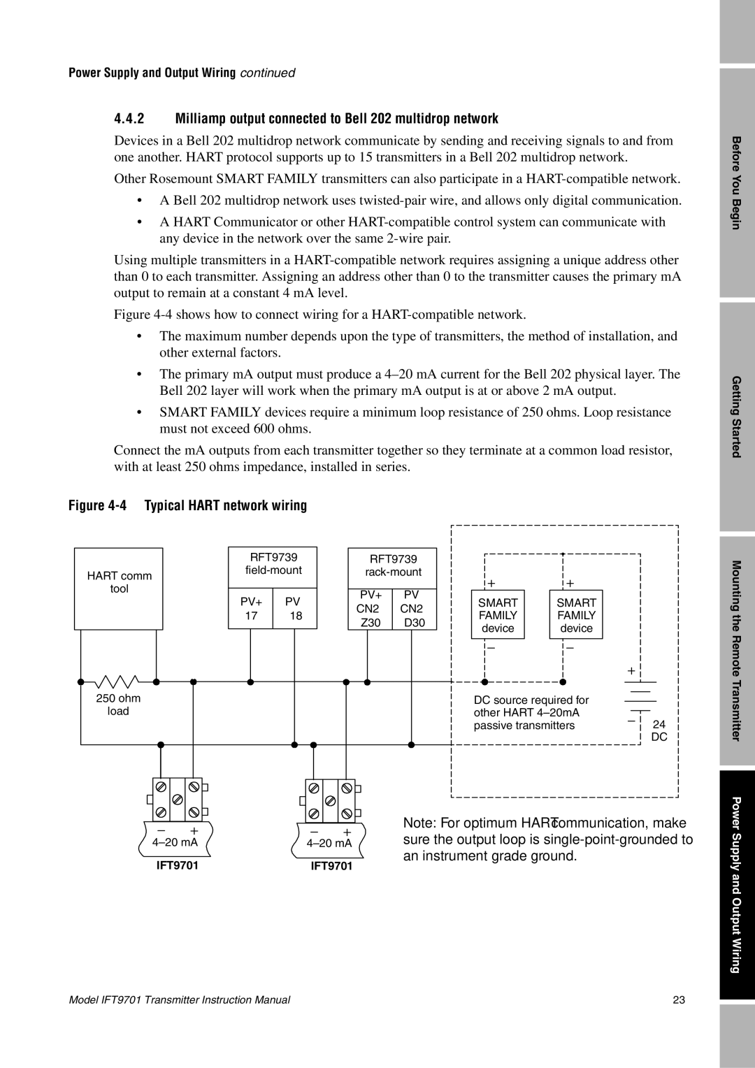 Emerson IFT9701 instruction manual Milliamp output connected to Bell 202 multidrop network, Typical Hart network wiring 