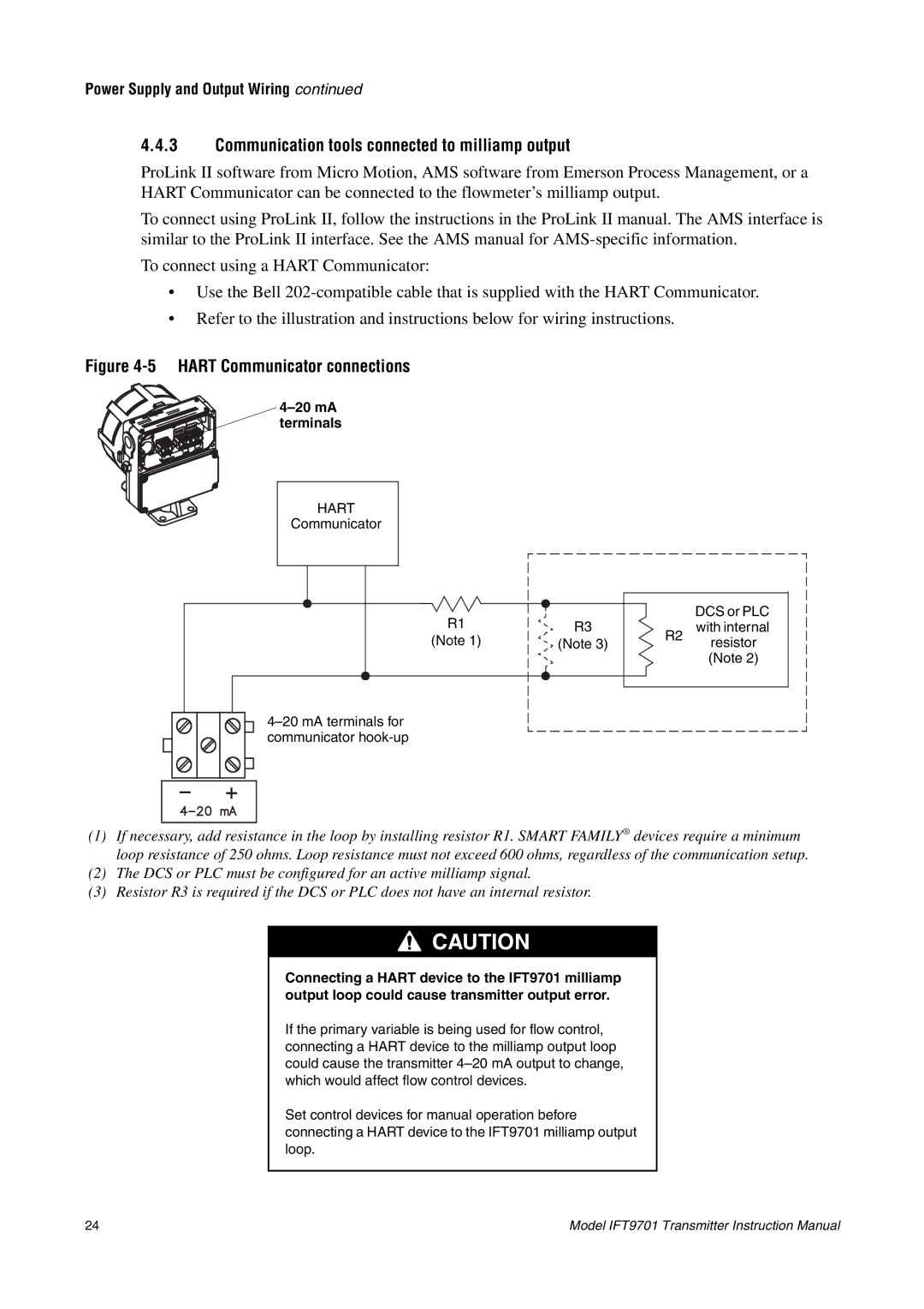 Emerson IFT9701 instruction manual Communication tools connected to milliamp output, Hart Communicator connections 