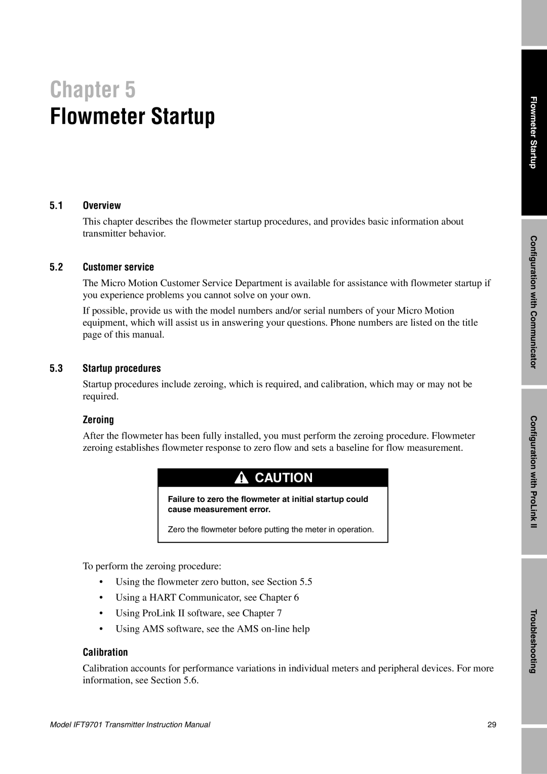 Emerson IFT9701 instruction manual Flowmeter Startup, Customer service, Startup procedures, Zeroing, Calibration 