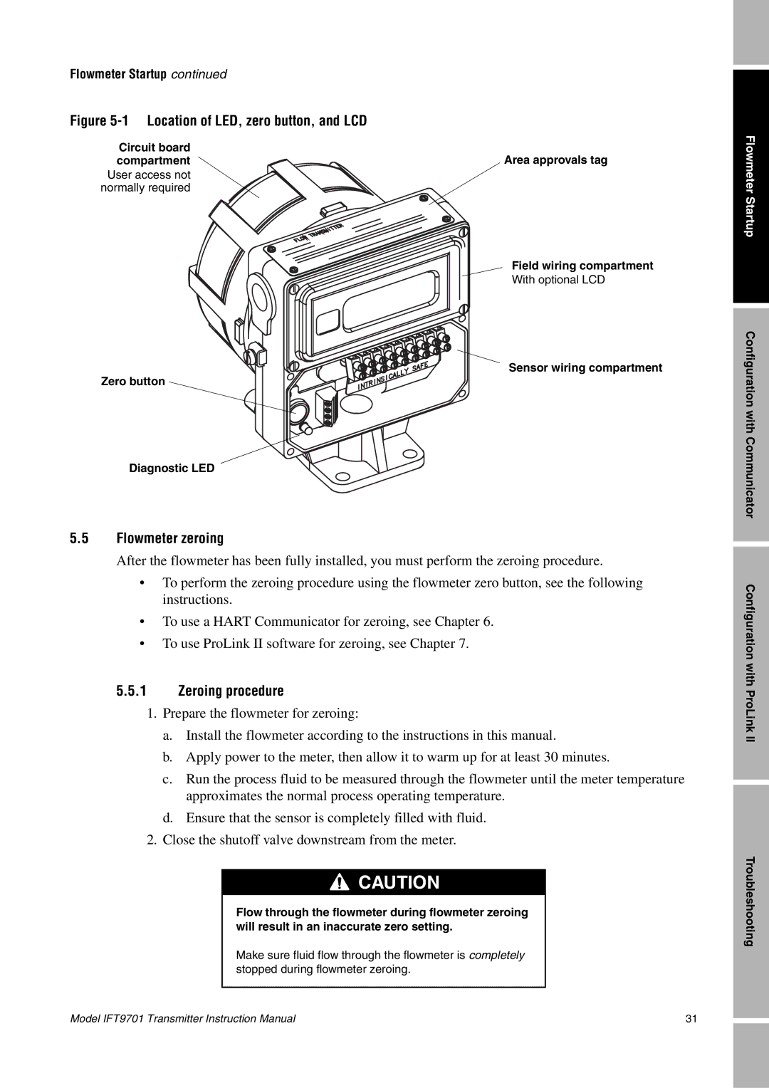 Emerson IFT9701 instruction manual Flowmeter zeroing, Zeroing procedure 