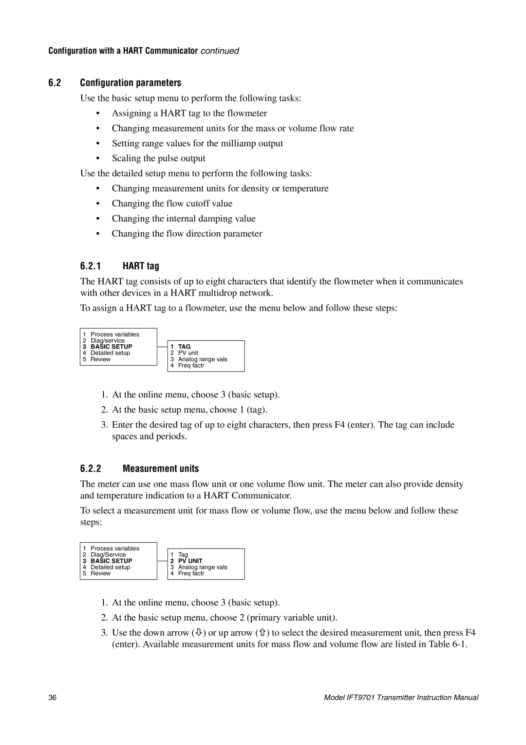 Emerson IFT9701 instruction manual Configuration parameters, Hart tag, Measurement units 