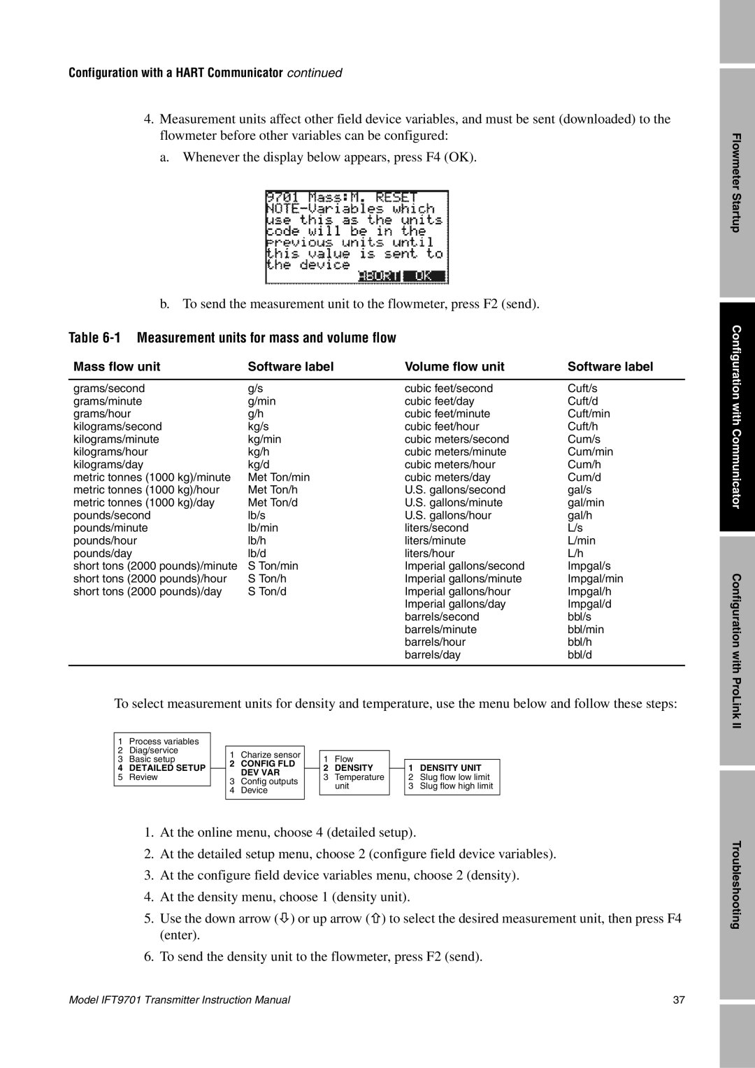 Emerson IFT9701 Measurement units for mass and volume flow, Mass flow unit Software label Volume flow unit 