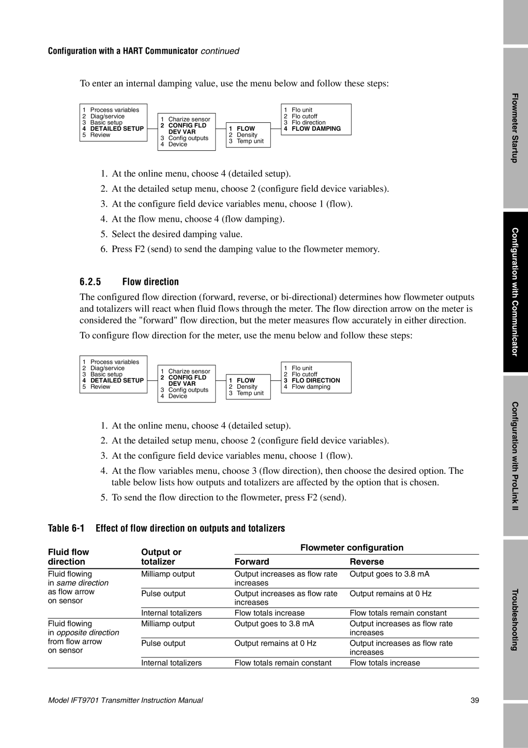 Emerson IFT9701 instruction manual Flow direction, Effect of flow direction on outputs and totalizers 