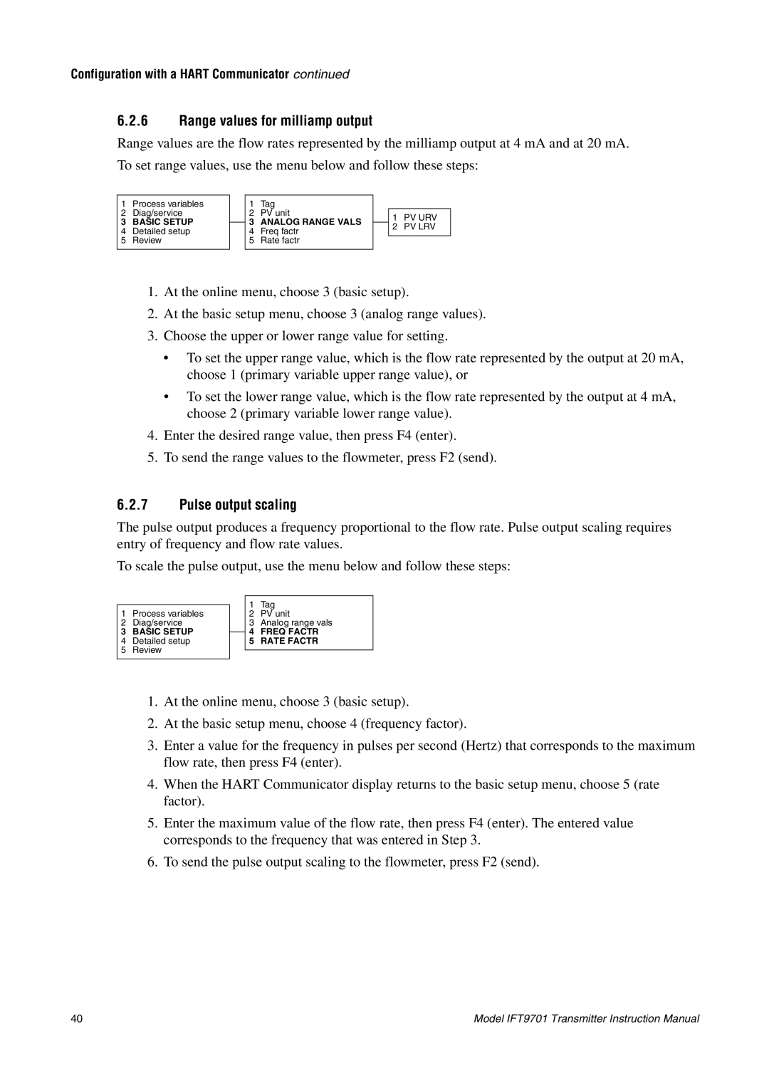 Emerson IFT9701 instruction manual Range values for milliamp output, Pulse output scaling 