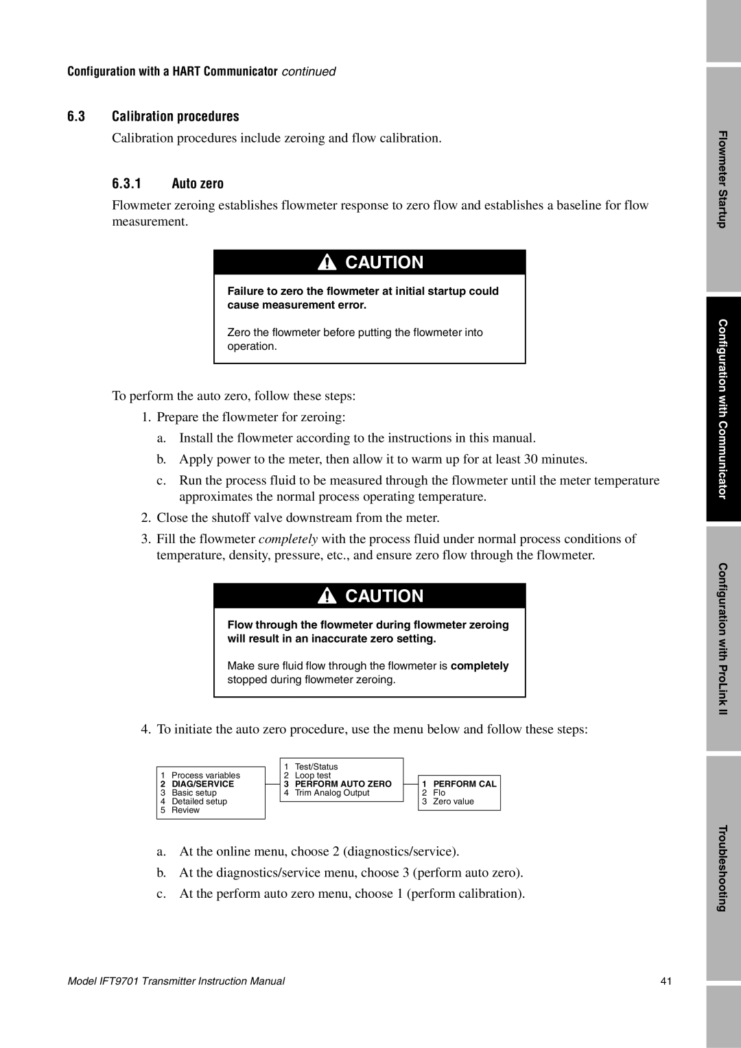 Emerson IFT9701 instruction manual Calibration procedures, Auto zero 