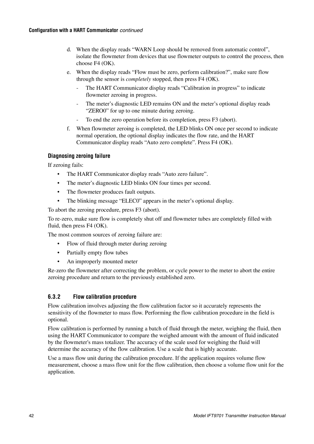 Emerson IFT9701 instruction manual Diagnosing zeroing failure, Flow calibration procedure 