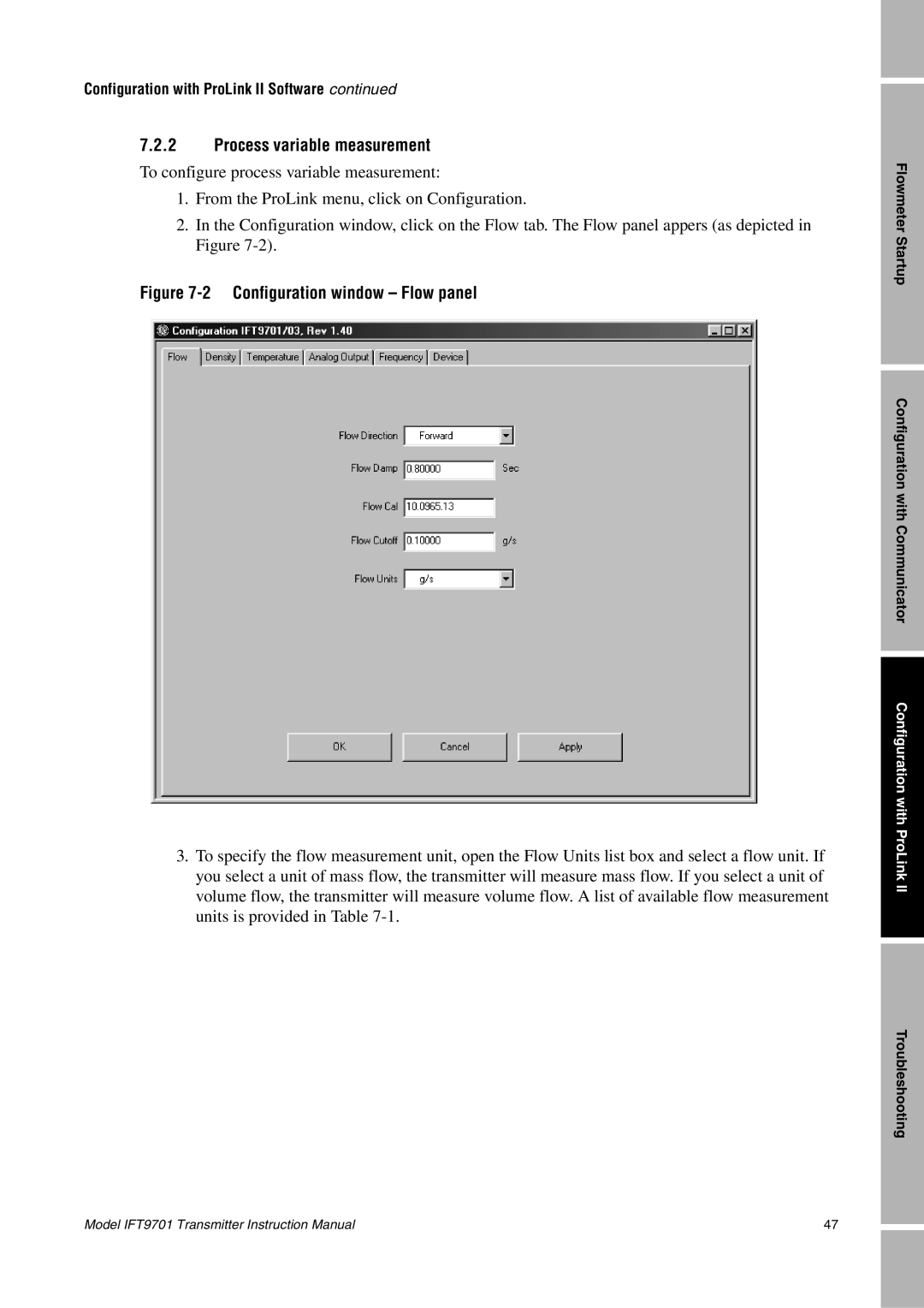 Emerson IFT9701 instruction manual Process variable measurement, Configuration window Flow panel 