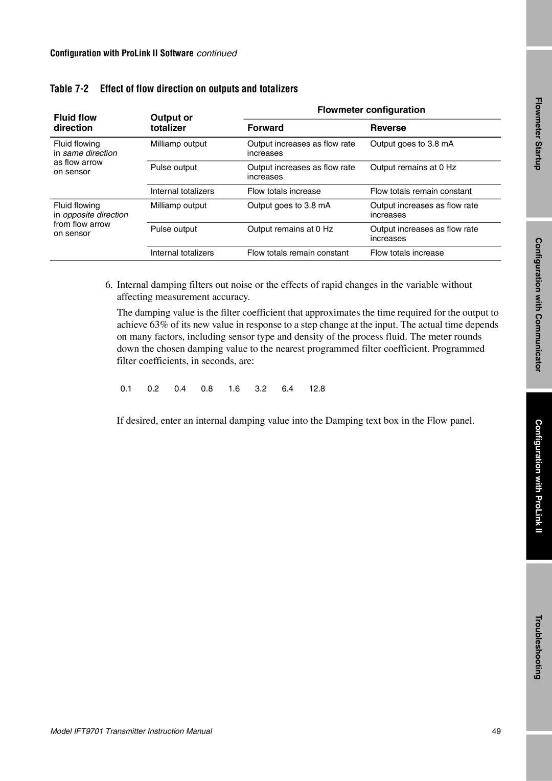 Emerson IFT9701 instruction manual Effect of flow direction on outputs and totalizers 