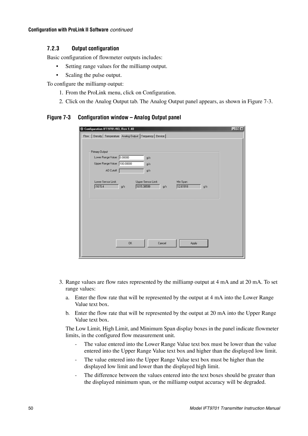 Emerson IFT9701 instruction manual Output configuration, Configuration window Analog Output panel 