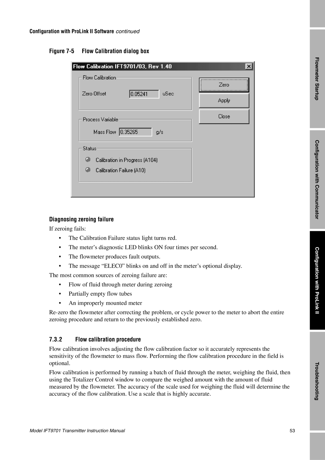 Emerson IFT9701 instruction manual Flow Calibration dialog box Diagnosing zeroing failure 