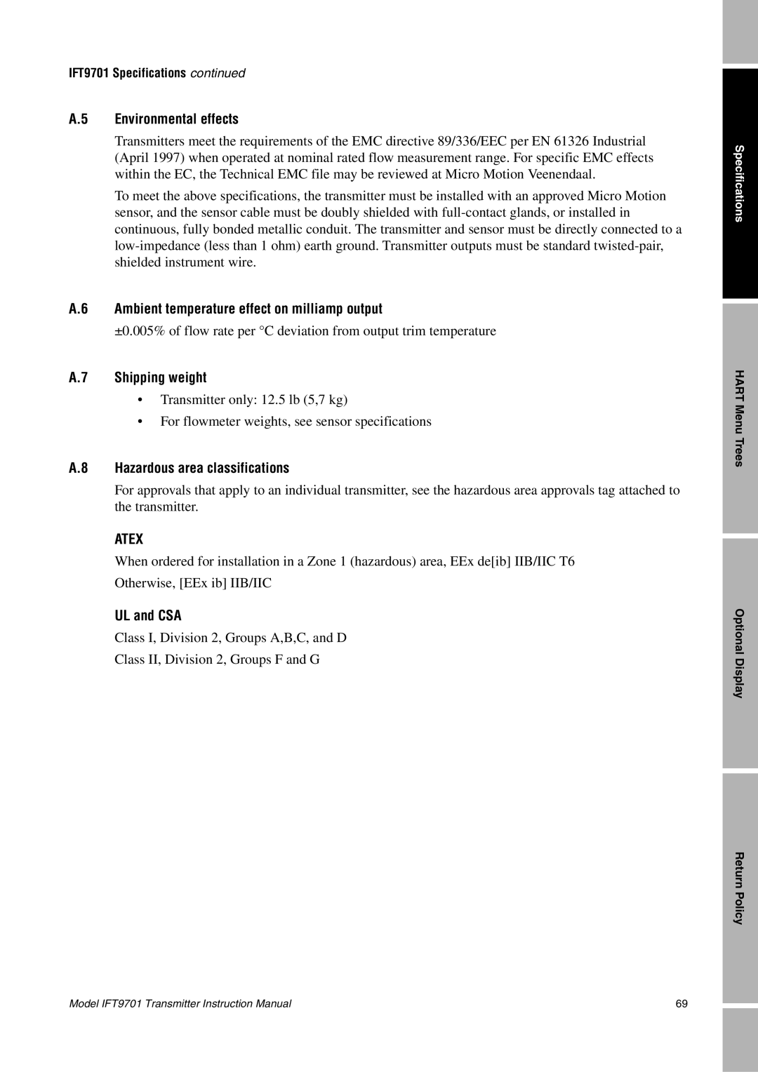 Emerson IFT9701 Environmental effects, Ambient temperature effect on milliamp output, Shipping weight, UL and CSA 