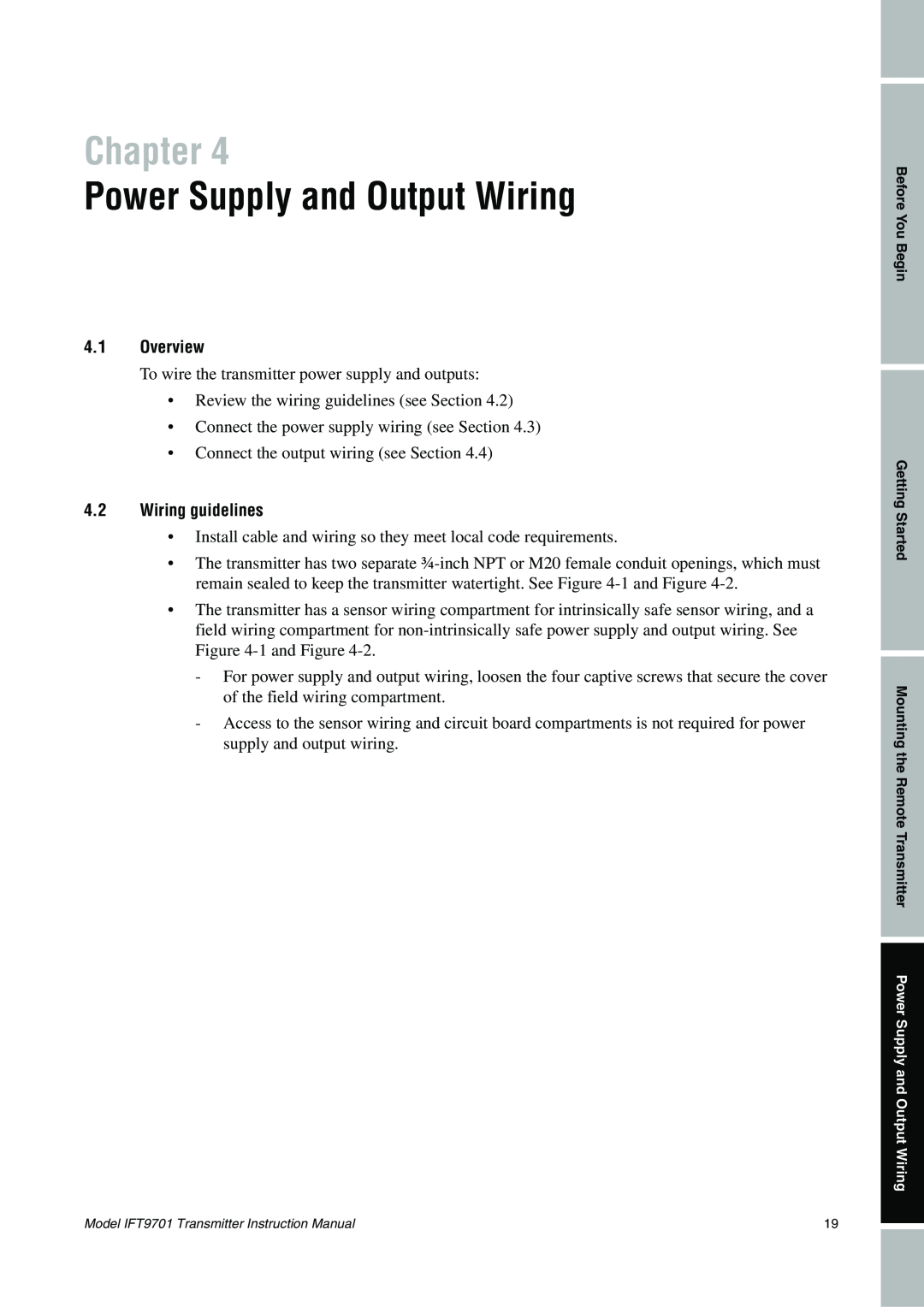 Emerson IFT9701 instruction manual Power Supply and Output Wiring, Chapter, 4.1Overview, 4.2Wiring guidelines 