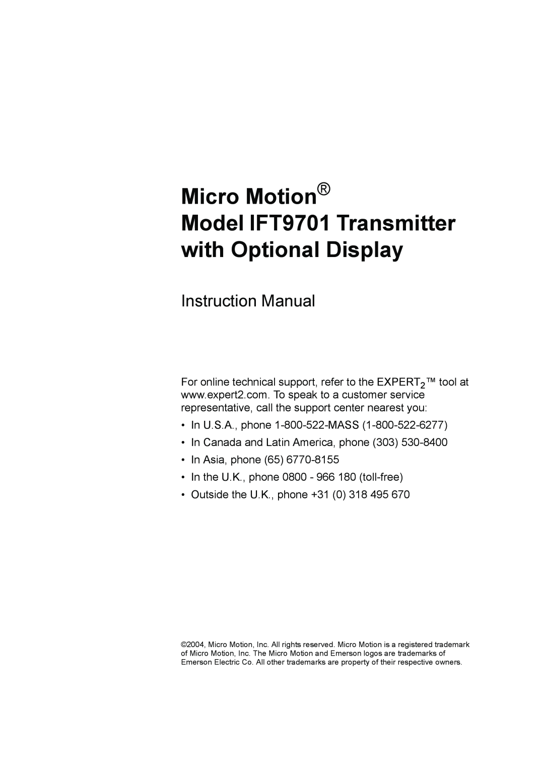 Emerson instruction manual Micro Motion, Model IFT9701 Transmitter with Optional Display 