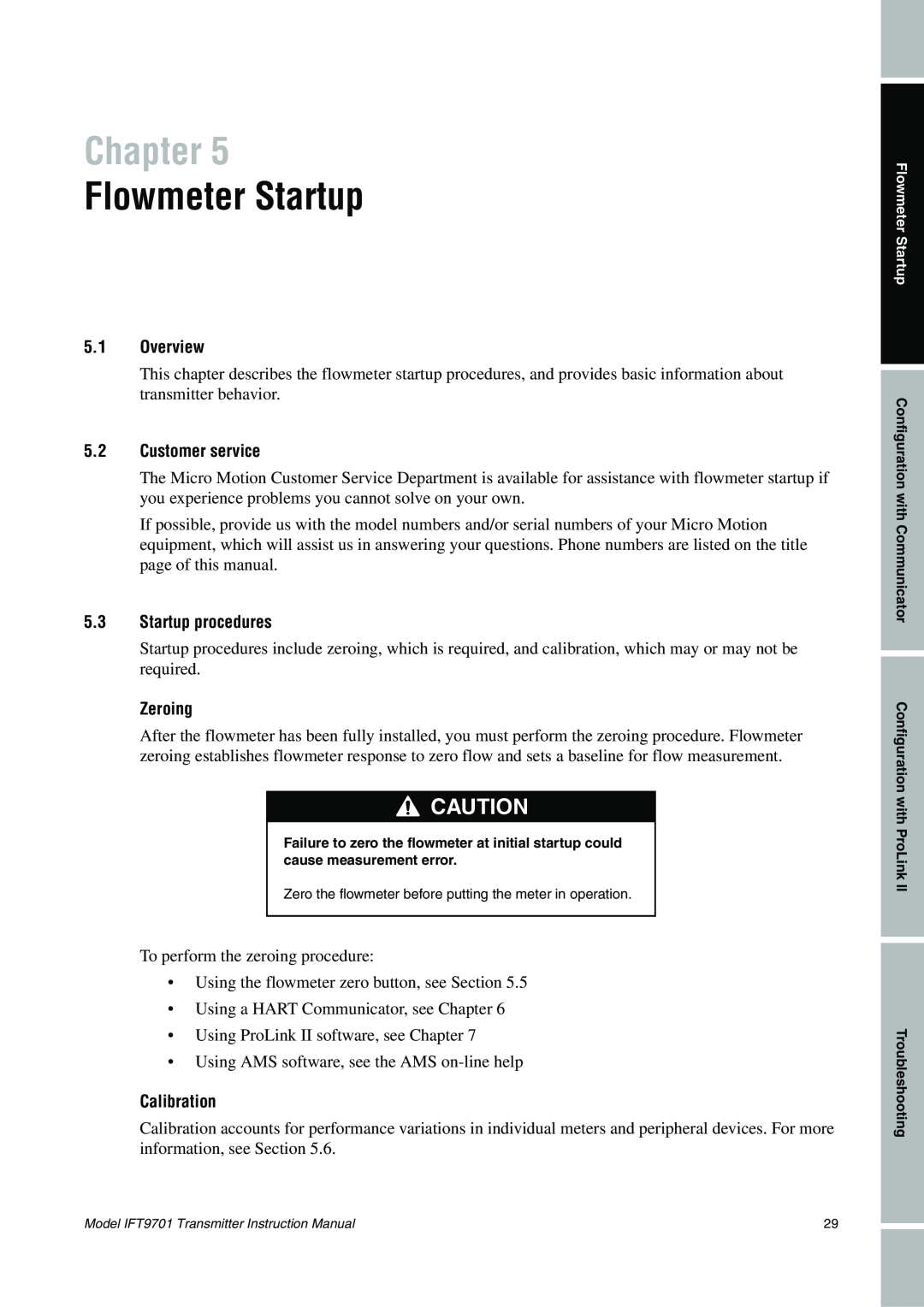 Emerson IFT9701 Flowmeter Startup, Chapter, 5.1Overview, 5.2Customer service, 5.3Startup procedures, Zeroing, Calibration 