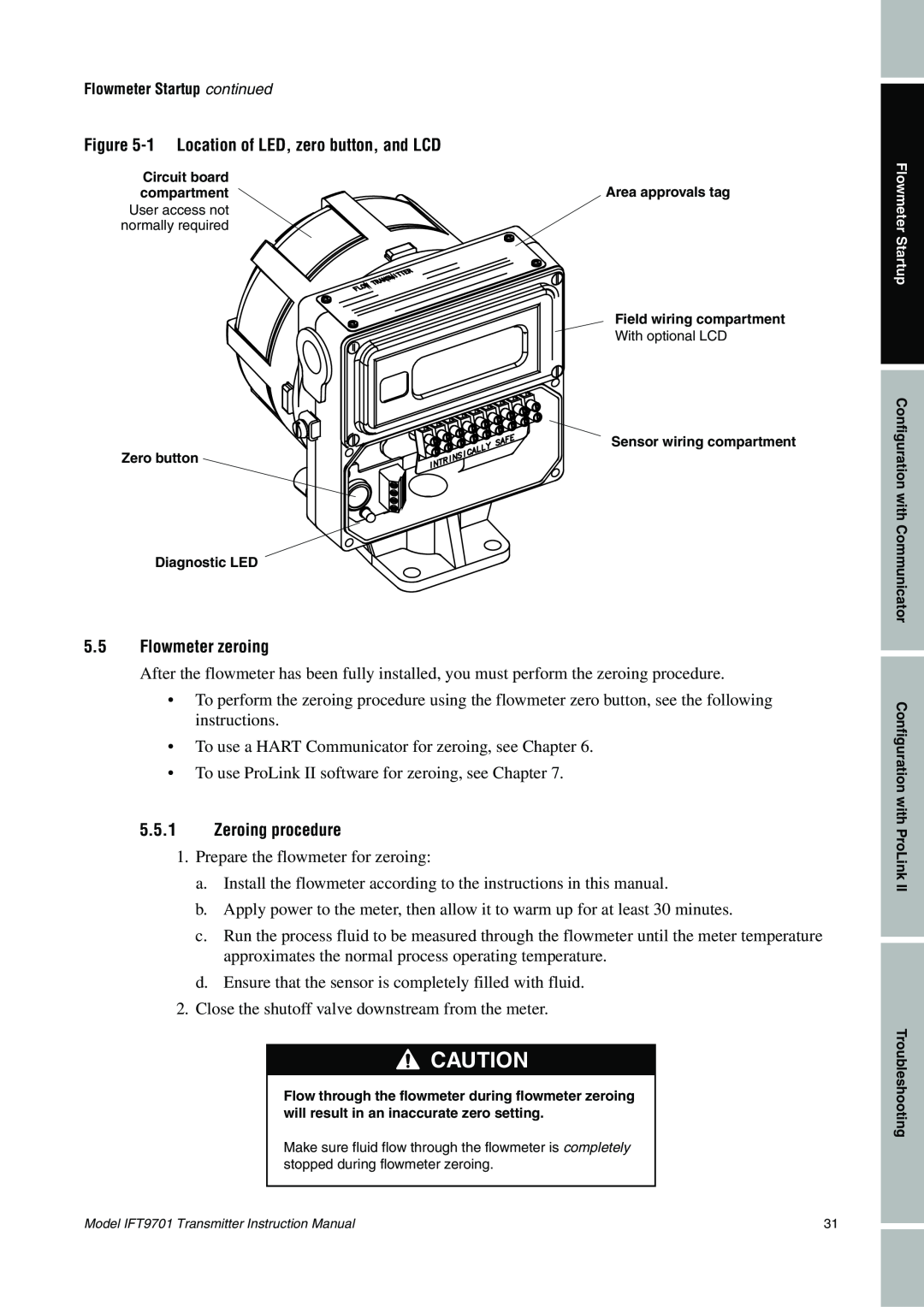 Emerson IFT9701 instruction manual 1Location of LED, zero button, and LCD, 5.5Flowmeter zeroing, 5.5.1Zeroing procedure 