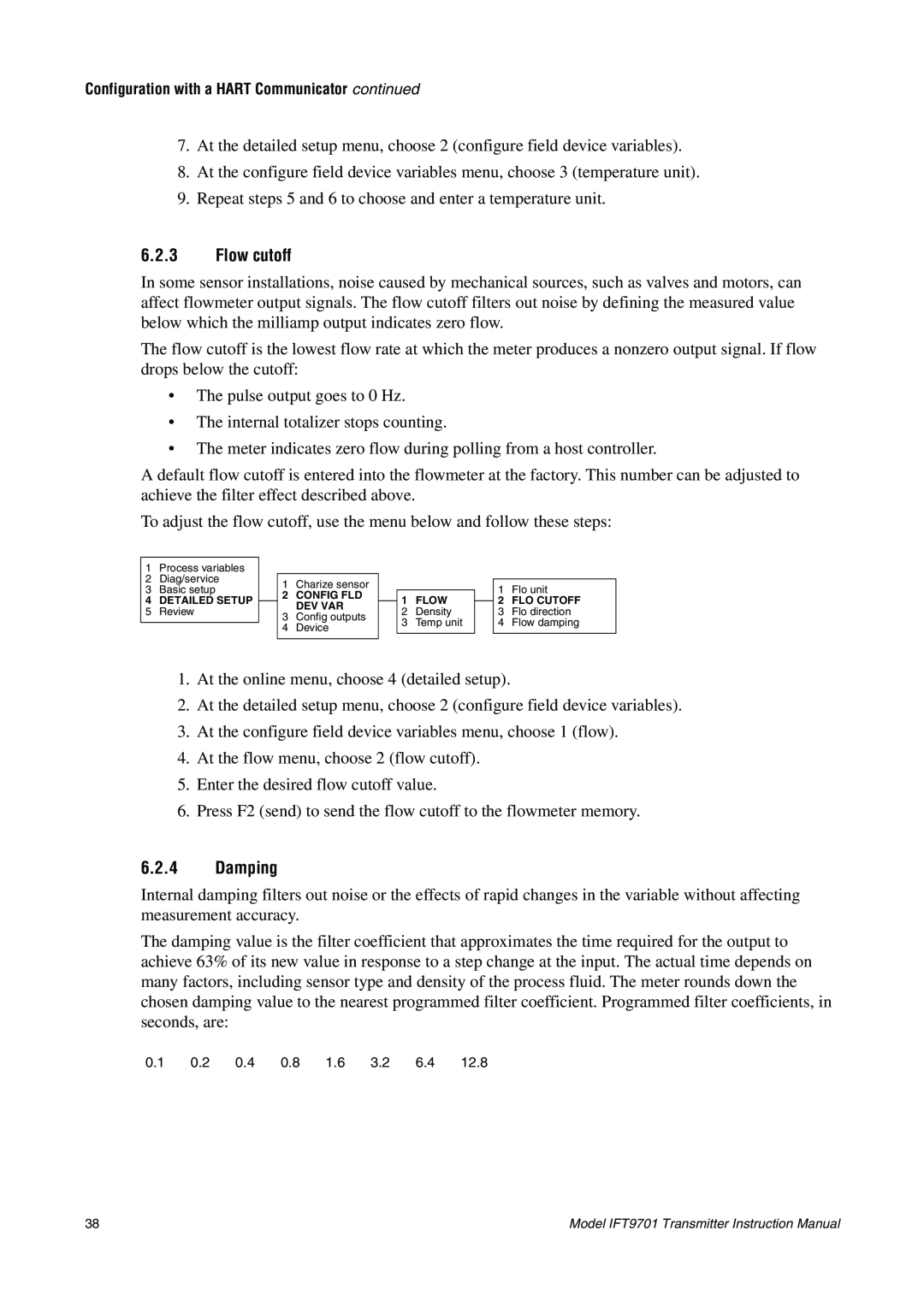 Emerson IFT9701 instruction manual 6.2.3Flow cutoff, 6.2.4Damping 