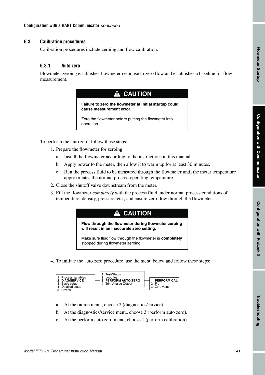 Emerson IFT9701 instruction manual 6.3Calibration procedures, 6.3.1Auto zero 