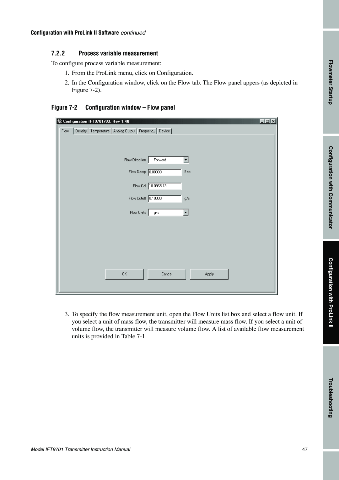 Emerson IFT9701 instruction manual 7.2.2Process variable measurement, 2Configuration window - Flow panel 