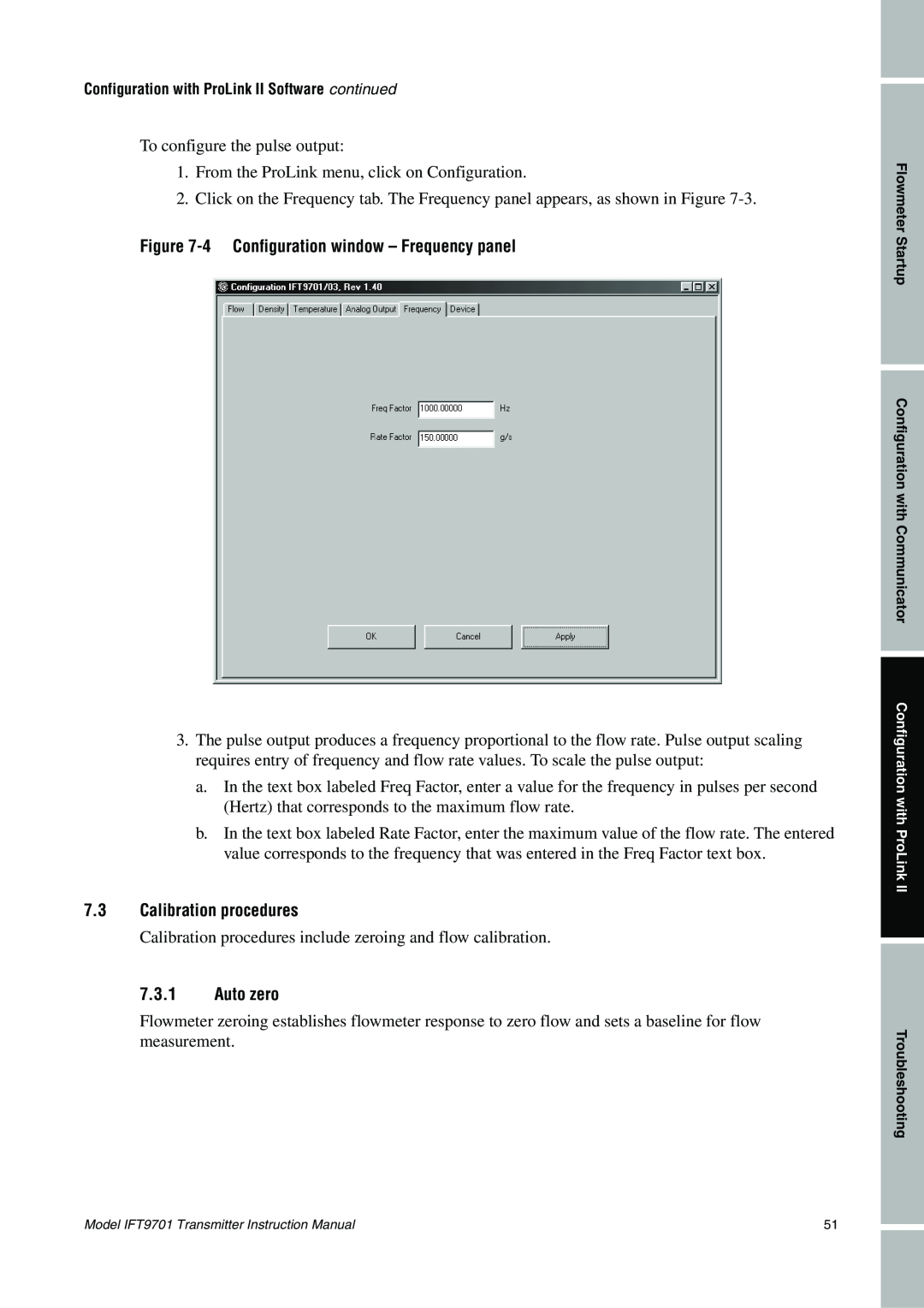 Emerson IFT9701 instruction manual 4Configuration window - Frequency panel, 7.3Calibration procedures, 7.3.1Auto zero 