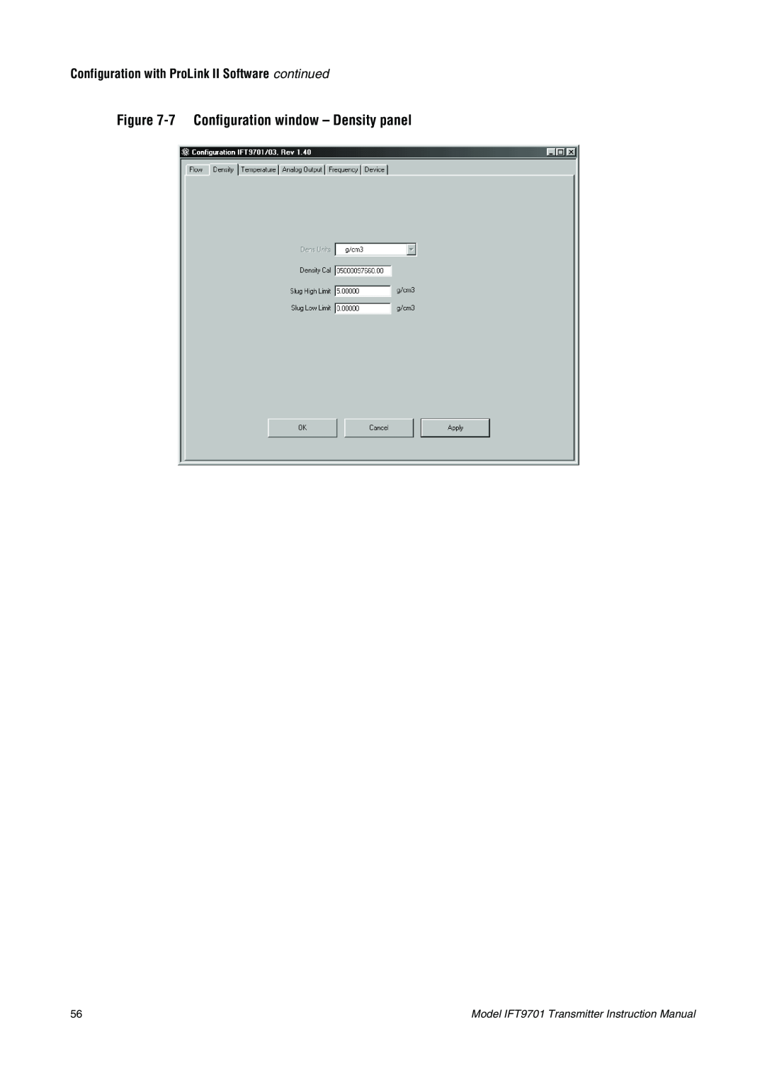 Emerson IFT9701 instruction manual 7Configuration window - Density panel, Configuration with ProLink II Software continued 