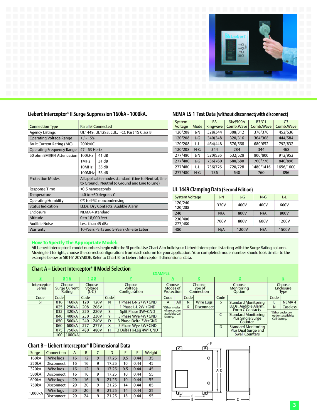 Emerson II TVSS manual UL 1449 Clamping Data Second Edition, Chart a Liebert Interceptor II Model Selection 