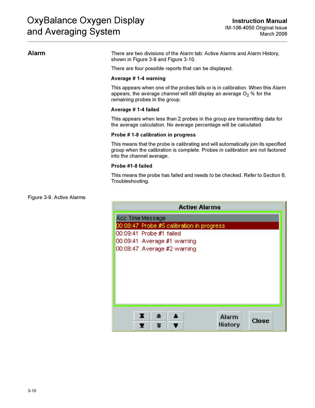 Emerson IM-106-4050 Alarm, Average # 1-4 warning, Average # 1-4 failed, Probe # 1-8 calibration in progress 