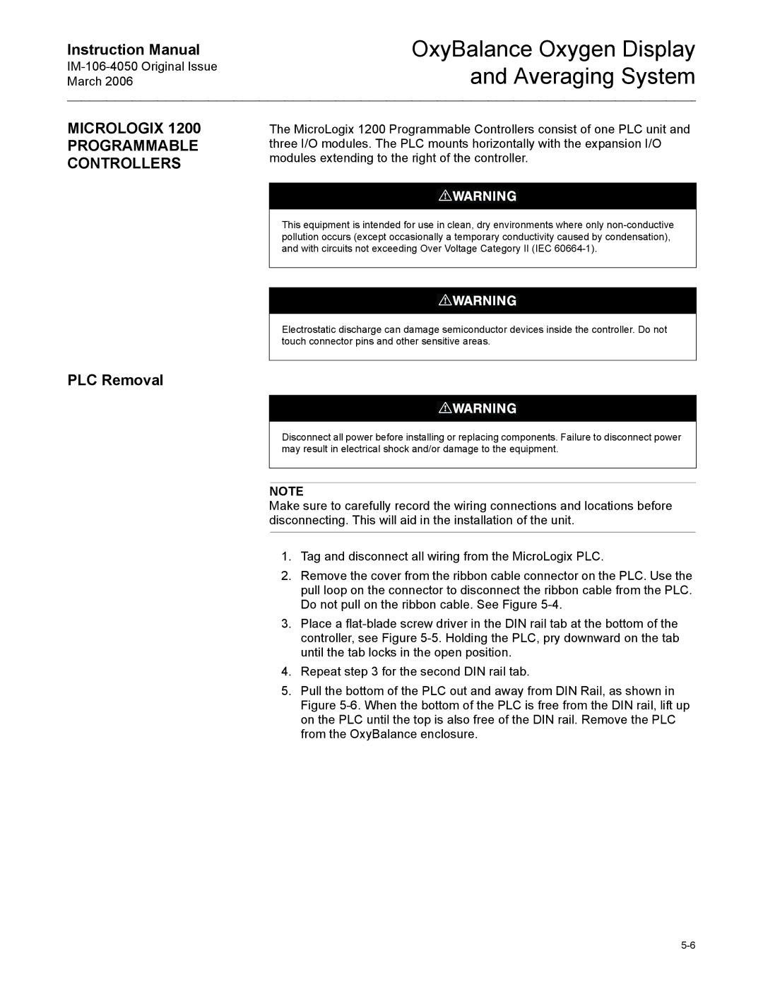 Emerson IM-106-4050 instruction manual Micrologix 1200 Programmable Controllers, PLC Removal 