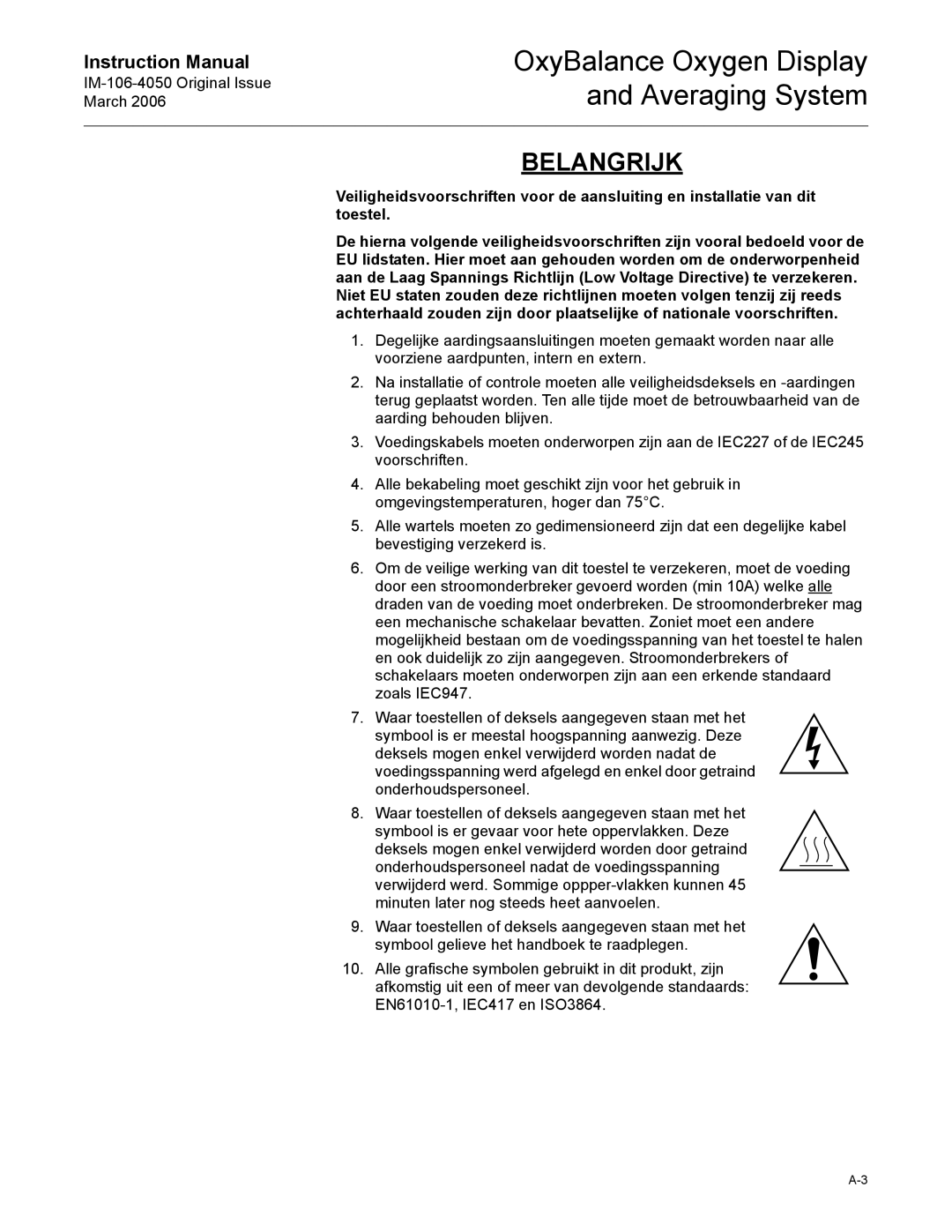 Emerson IM-106-4050 instruction manual Belangrijk 