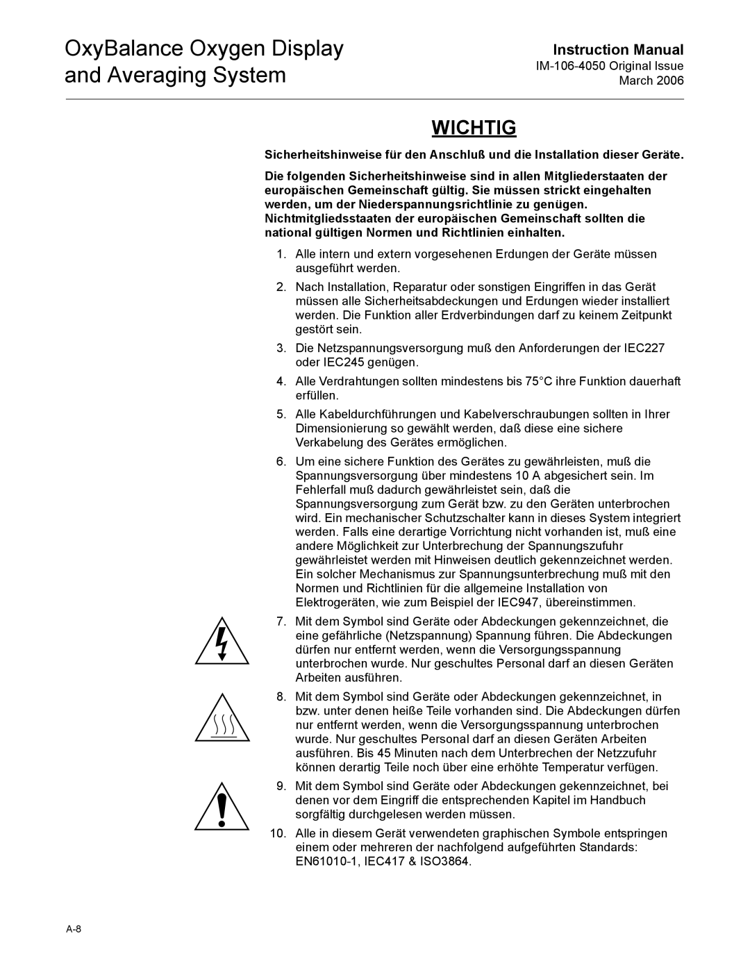 Emerson IM-106-4050 instruction manual Wichtig 