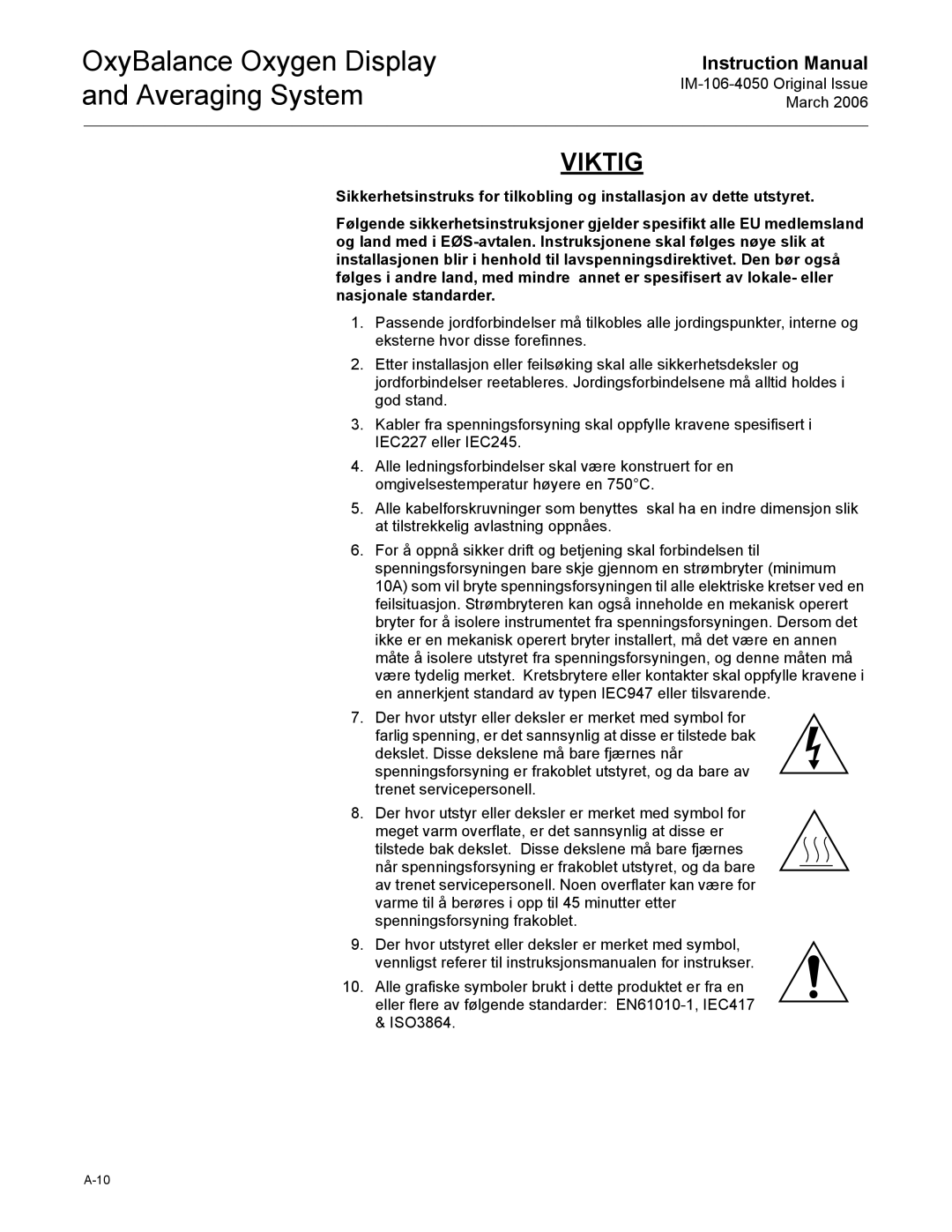 Emerson IM-106-4050 instruction manual Viktig 