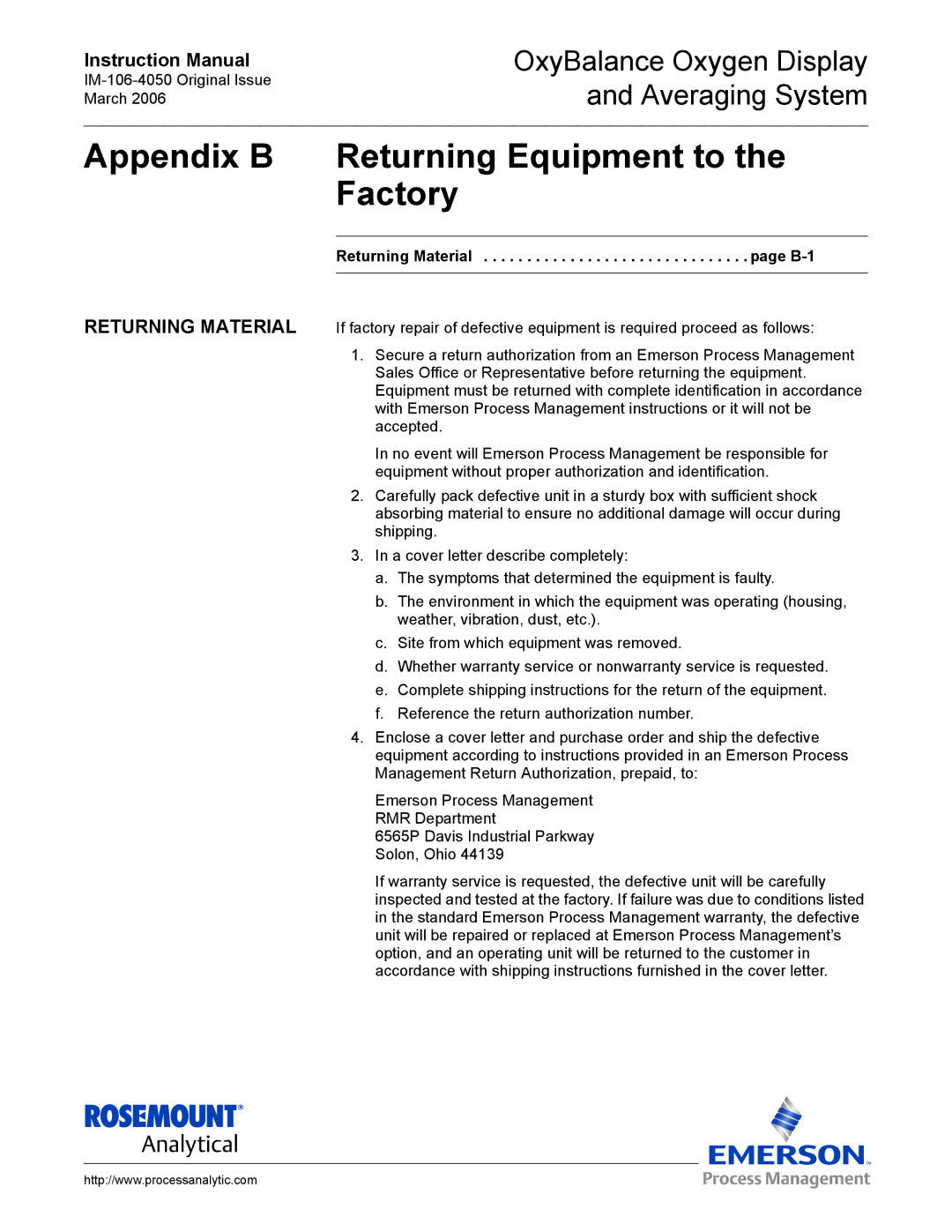 Emerson IM-106-4050 instruction manual Appendix B Returning Equipment to the Factory, Returning Material 