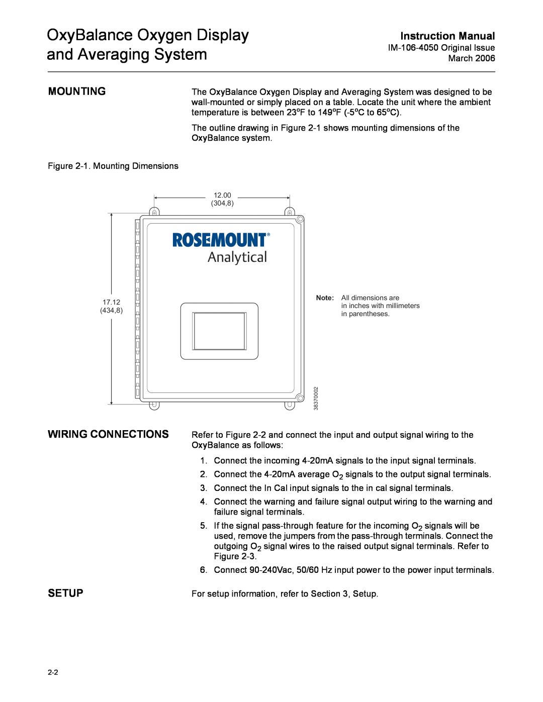 Emerson IM-106-4050 Mounting, Wiring Connections Setup, OxyBalance Oxygen Display and Averaging System, Instruction Manual 