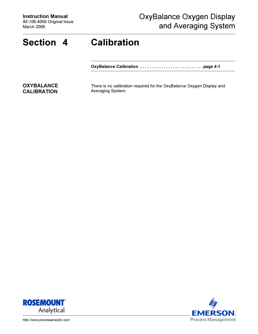 Emerson IM-106-4050 Oxybalance, page, Averaging System, Section, Instruction Manual, OxyBalance Calibration 