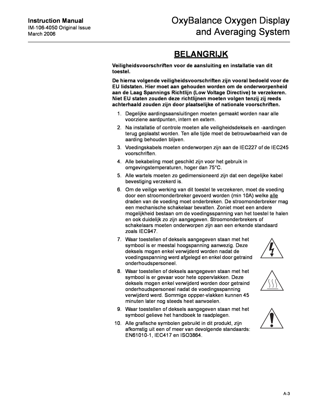 Emerson IM-106-4050 instruction manual Belangrijk, OxyBalance Oxygen Display and Averaging System, Instruction Manual 