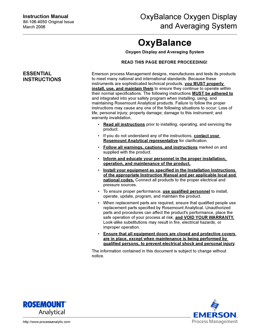 Emerson IM-106-4050 Essential Instructions, OxyBalance Oxygen Display and Averaging System, Instruction Manual 