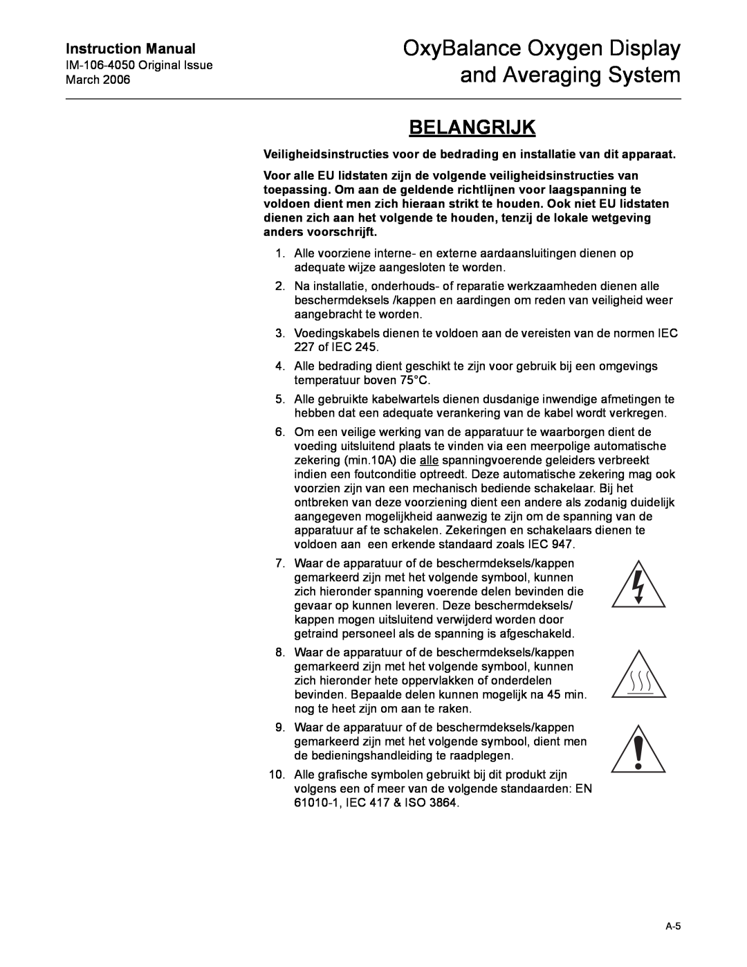 Emerson IM-106-4050 instruction manual OxyBalance Oxygen Display and Averaging System, Belangrijk, Instruction Manual 