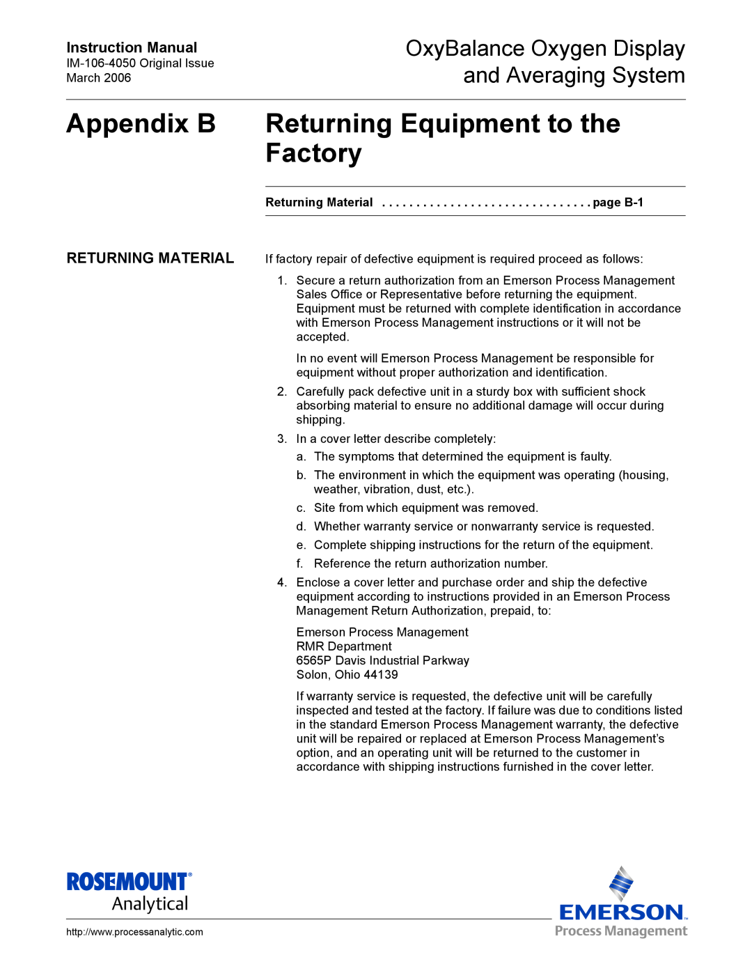 Emerson IM-106-4050 Appendix B Returning Equipment to the Factory, Returning Material, Instruction Manual 