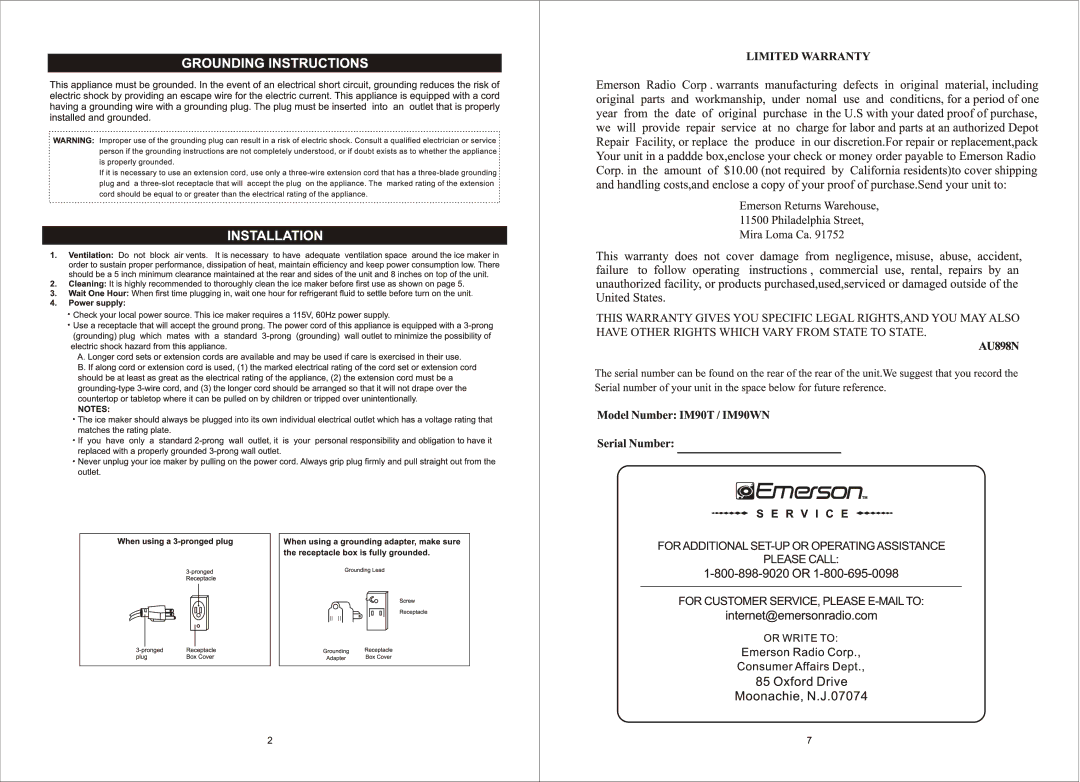 Emerson IM90WN, IM90T manual 