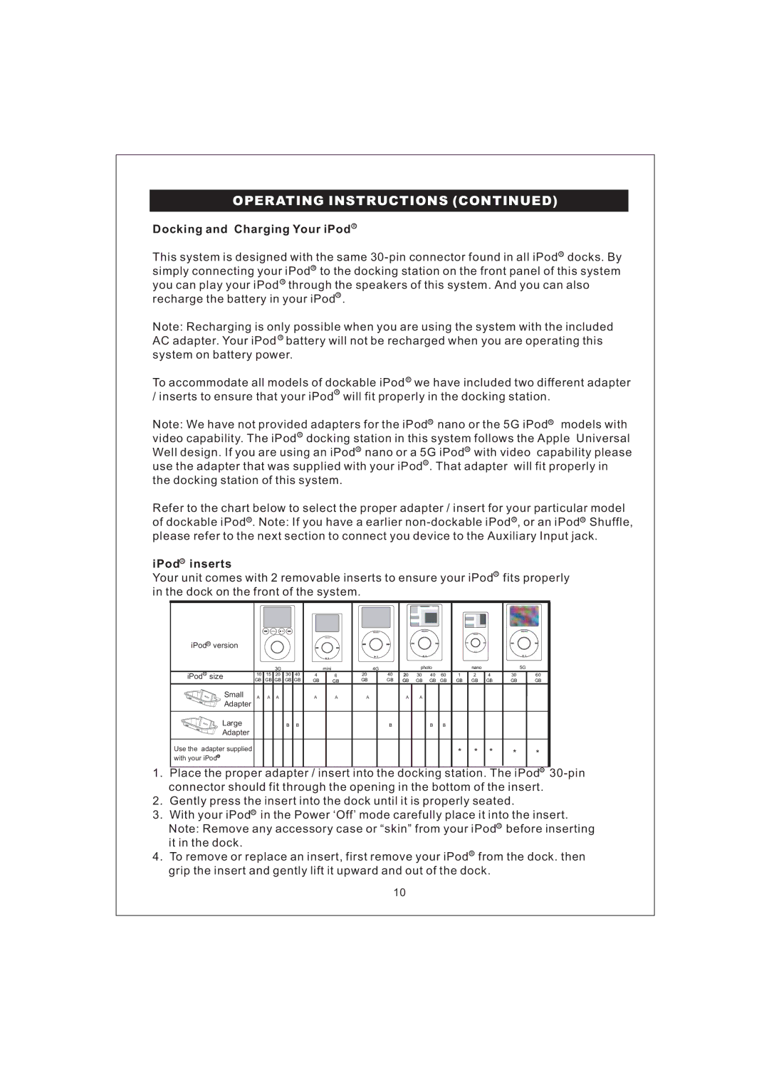 Emerson iP100 owner manual Docking and Charging Your iPod R 