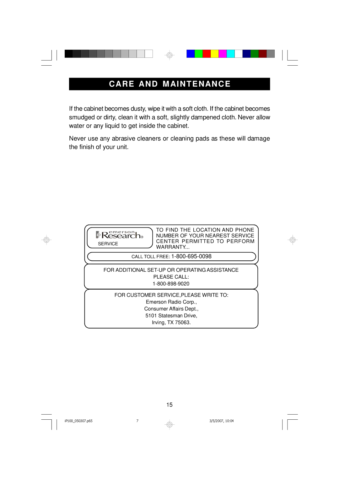 Emerson iP100 owner manual Care and M Aintenance 