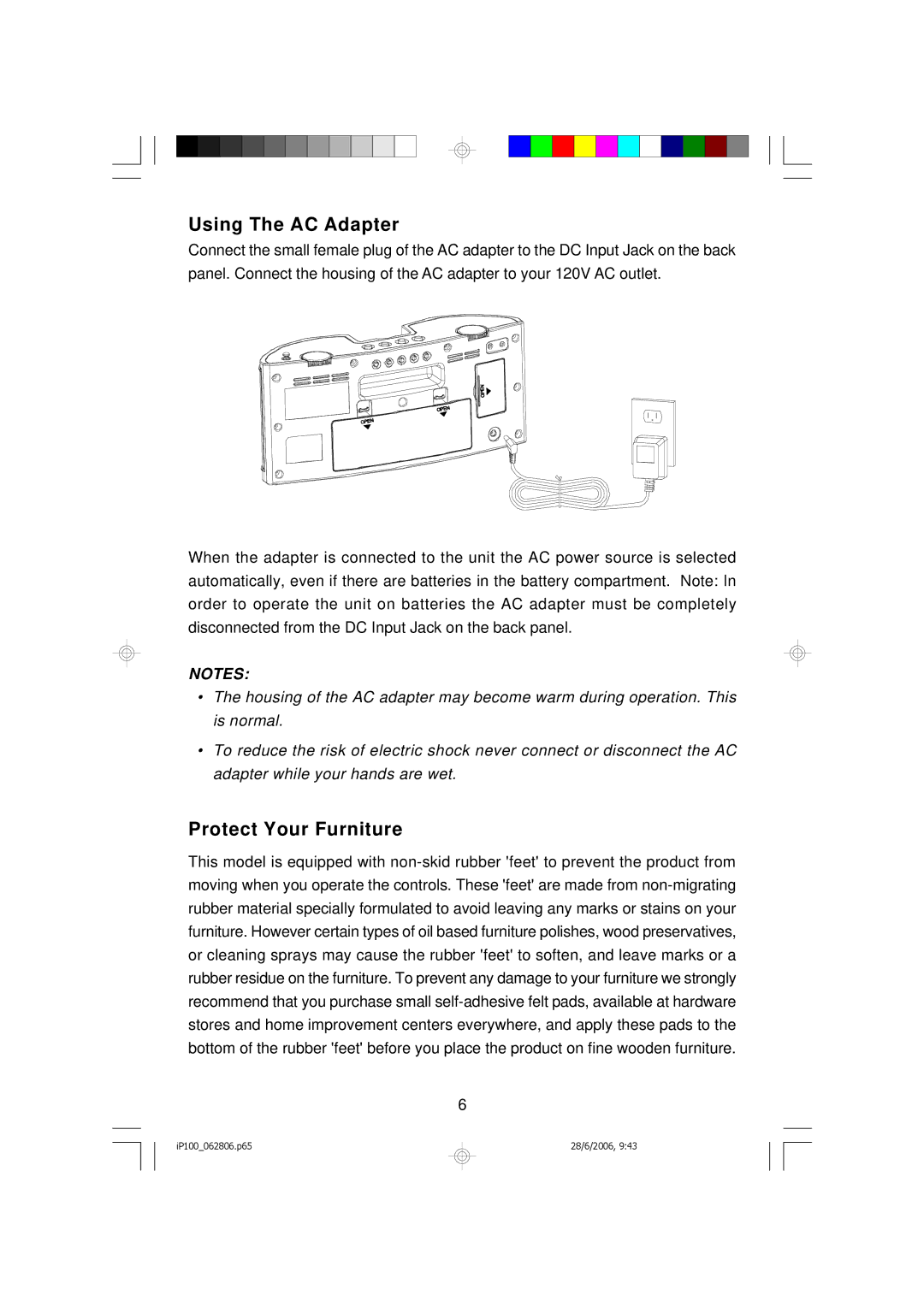 Emerson iP100 owner manual Using The AC Adapter 