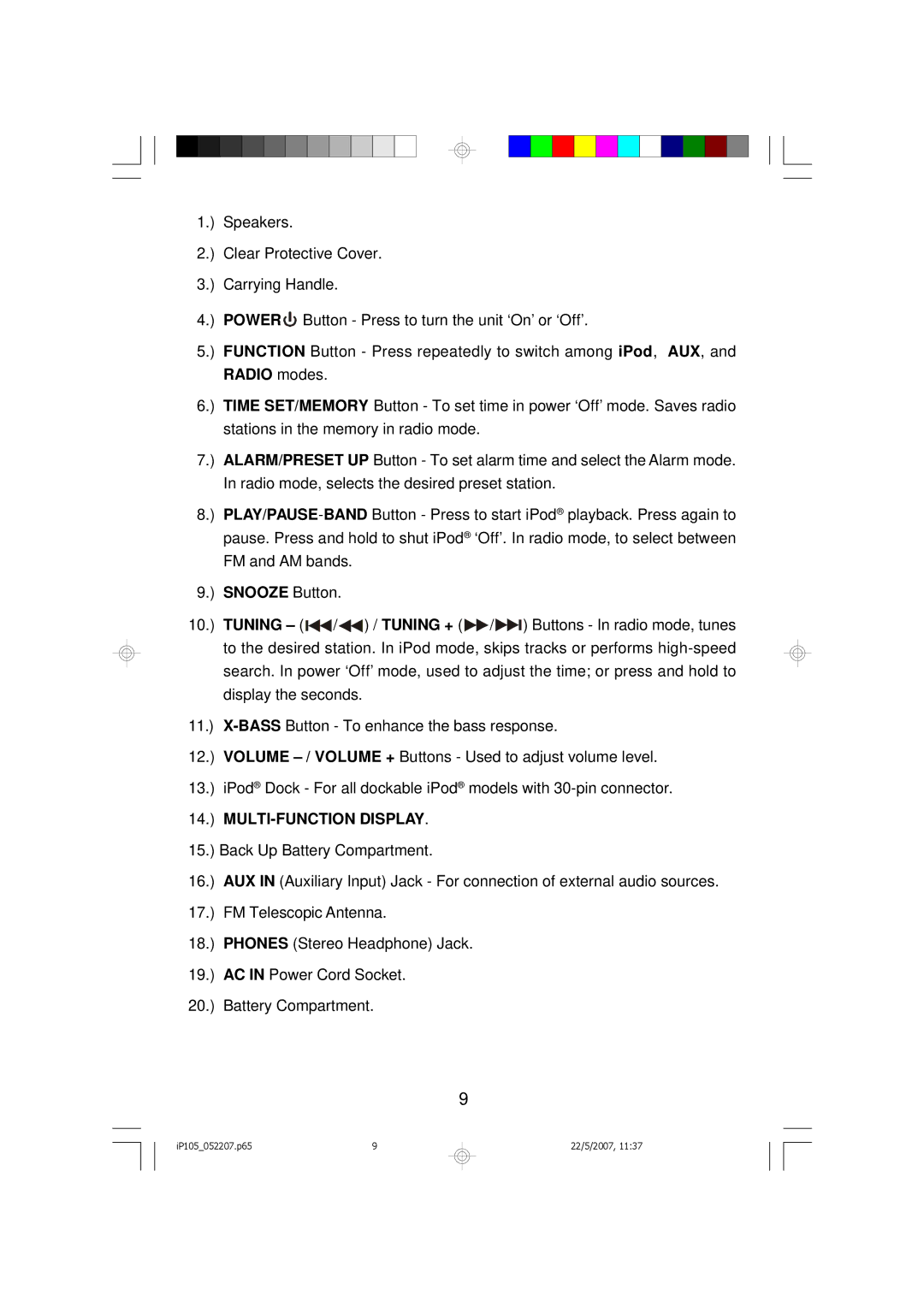 Emerson iP105BK owner manual MULTI-FUNCTION Display 