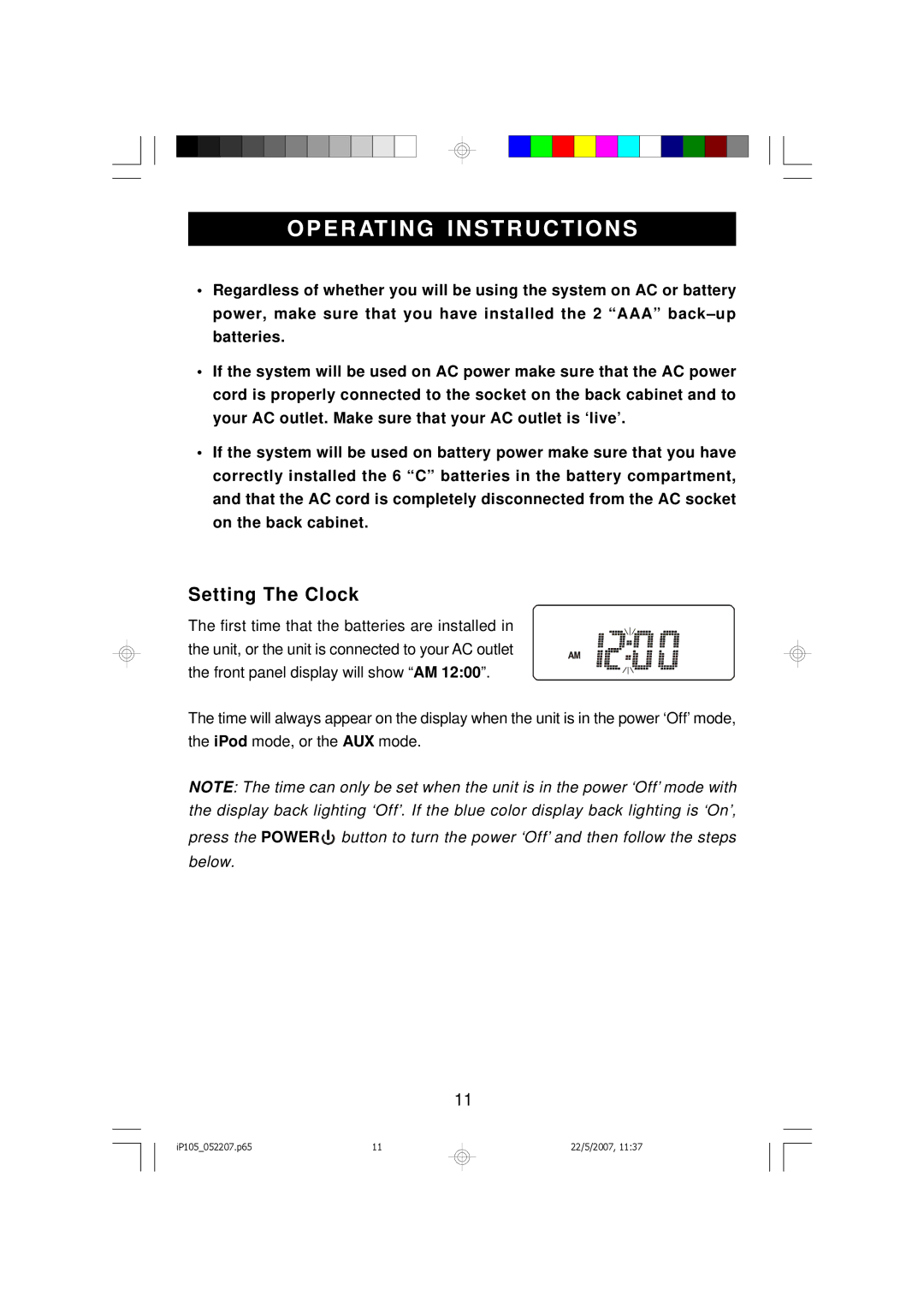 Emerson iP105BK owner manual Operating Instructions, Setting The Clock 