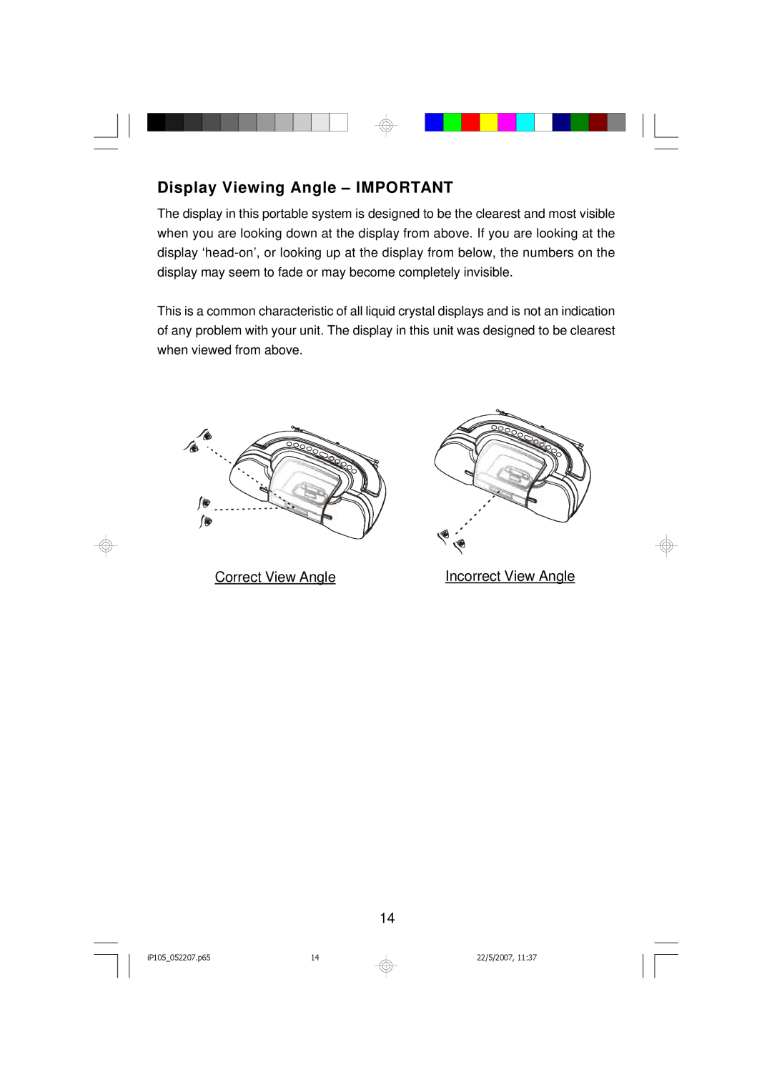 Emerson iP105BK owner manual Display Viewing Angle Important 