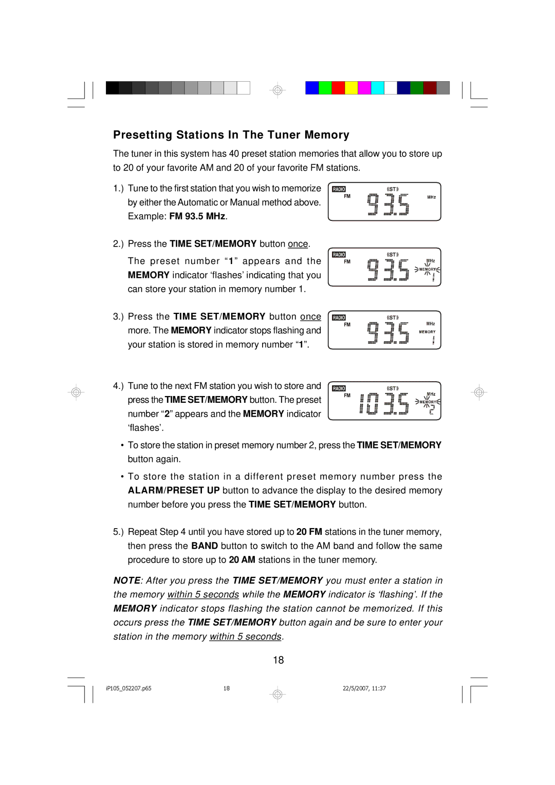 Emerson iP105BK owner manual Presetting Stations In The Tuner Memory 