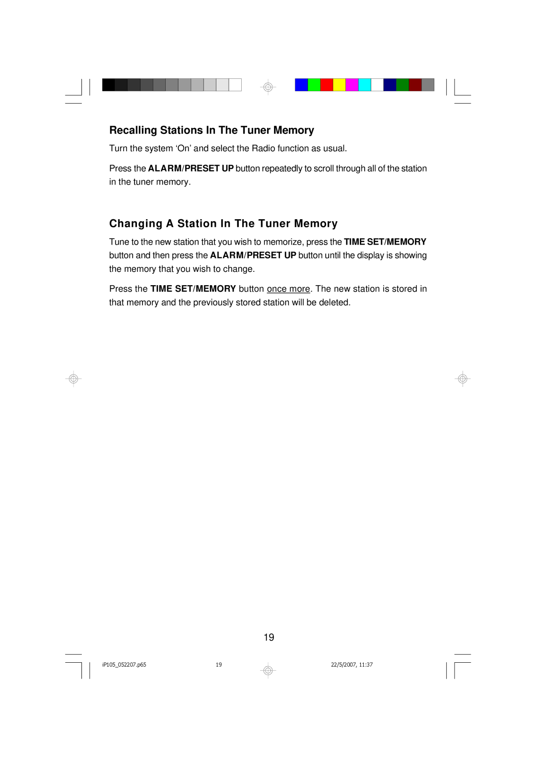 Emerson iP105BK owner manual Recalling Stations In The Tuner Memory, Changing a Station In The Tuner Memory 