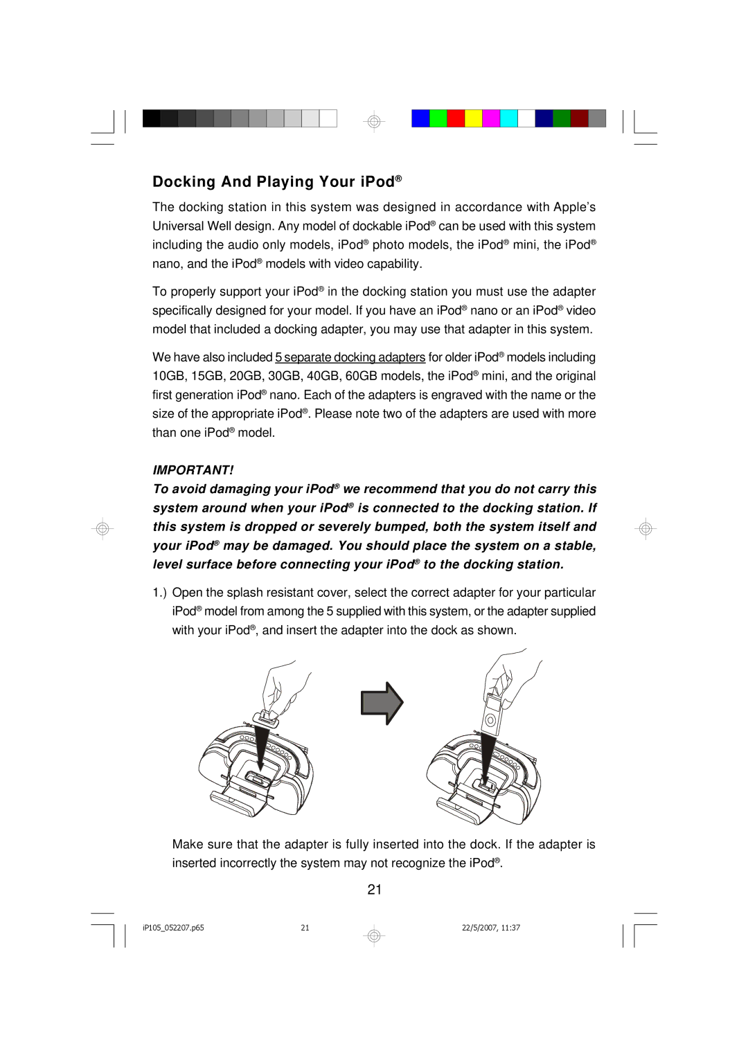 Emerson iP105BK owner manual Docking And Playing Your iPod 