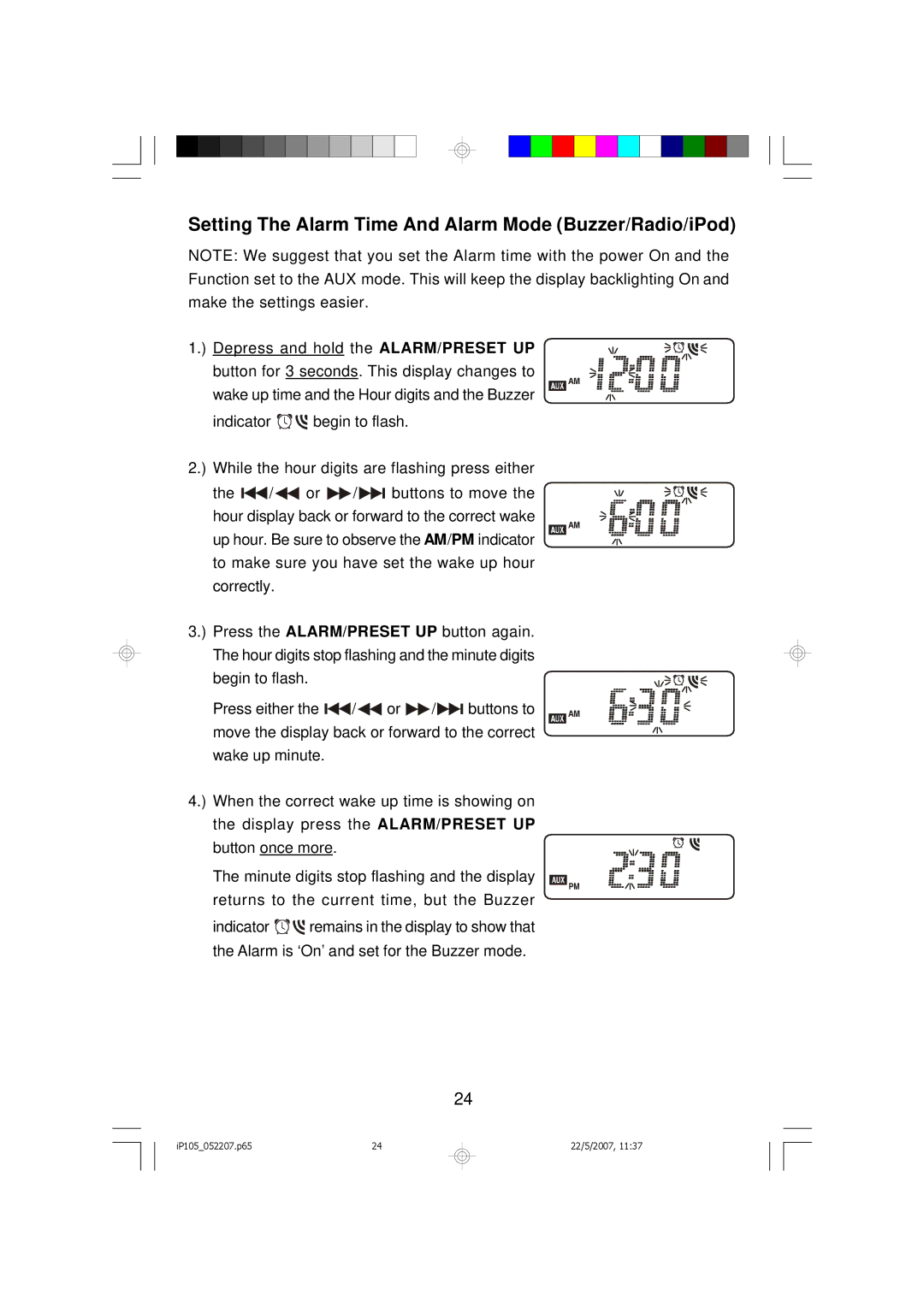 Emerson iP105BK owner manual Setting The Alarm Time And Alarm Mode Buzzer/Radio/iPod 