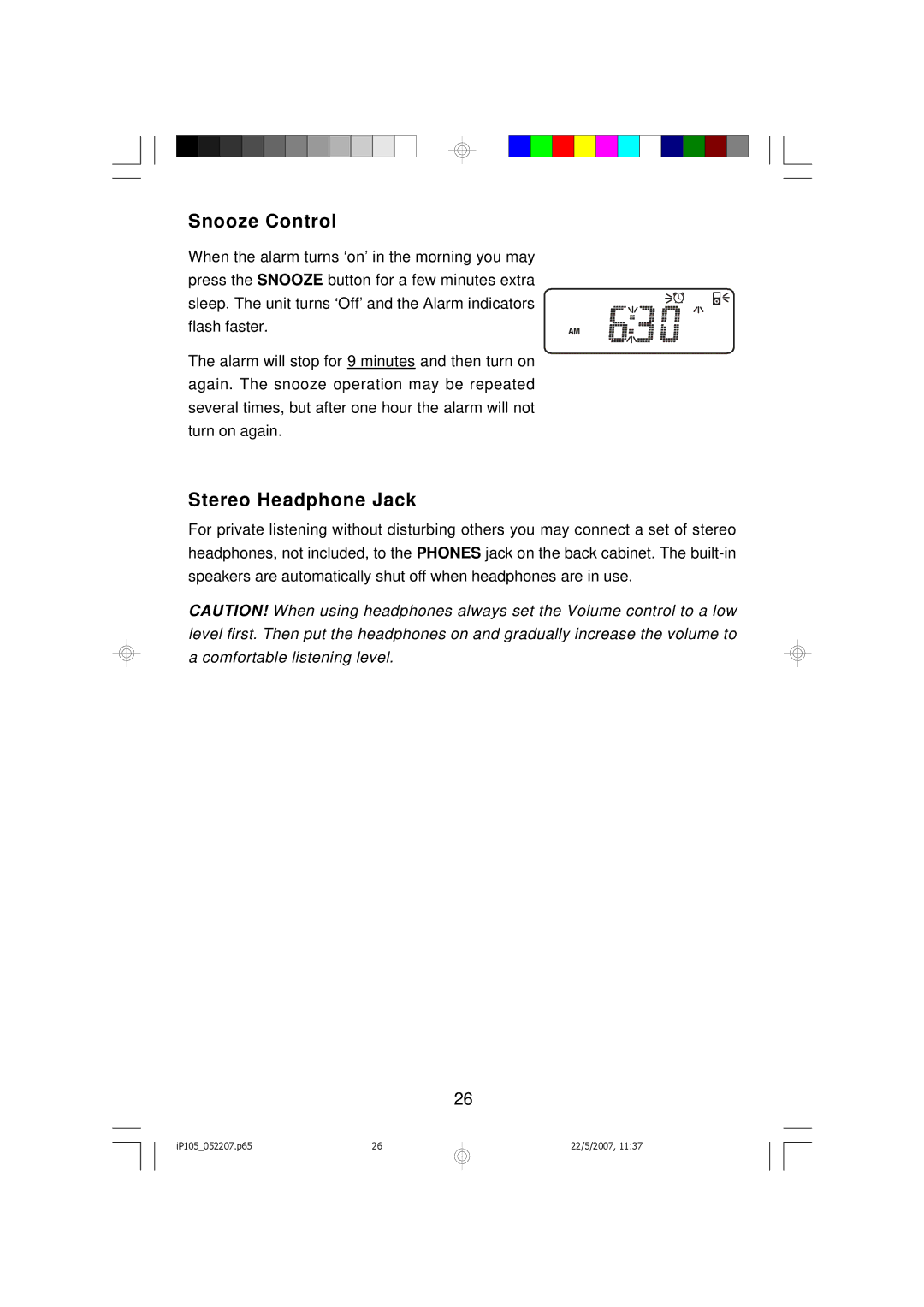 Emerson iP105BK owner manual Snooze Control, Stereo Headphone Jack 